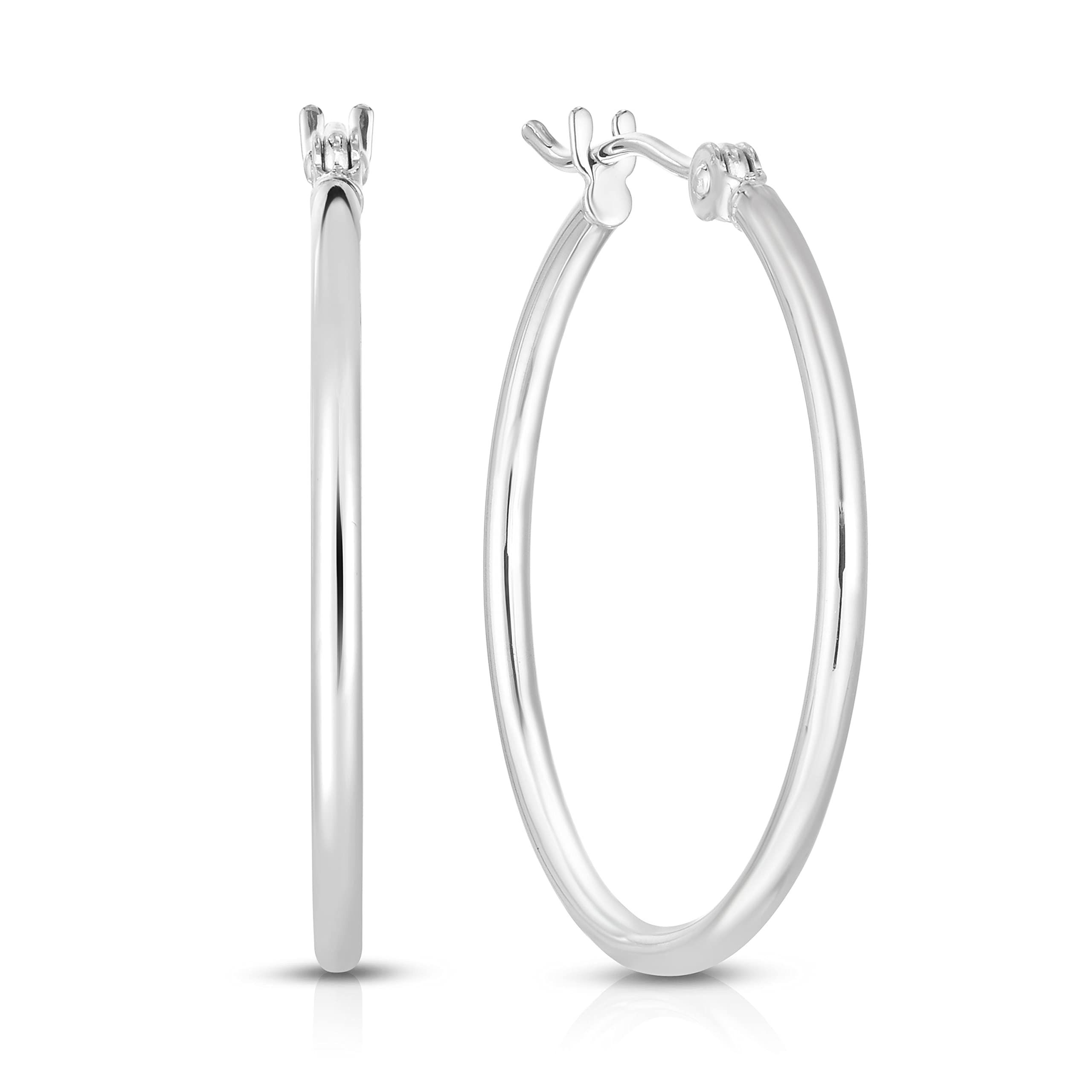 14K Gold Polished Hoop Earrings for Women - Hinged Clasp, 1.5x25mm, White Gold - Perfect for Everyday Wear, Parties & Special Occasions