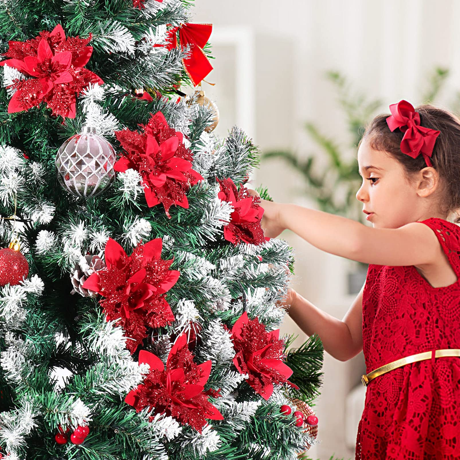 STOBOK 12 Pack Glitter Poinsettia Artificial Flowers - 6 Inch Red Christmas Tree Ornaments for Wreaths, Garlands, Holiday Party & Home Decor - Perfect for Xmas Decorations, Gift Wrapping, and Festive Centerpieces