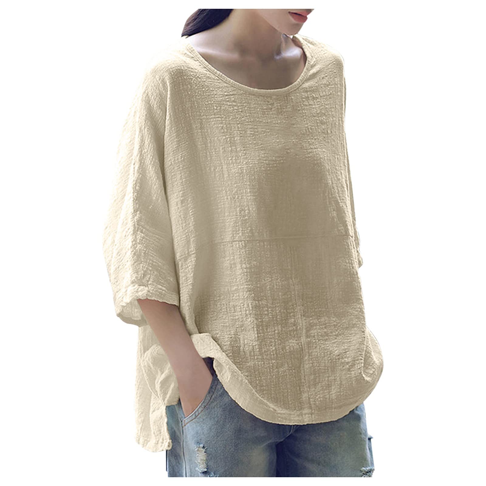Women's Cotton Linen Short Sleeve Floral Printed Loose Tunic Top - Breathable Summer & Fall Fashion Blouse for Casual Outings, Beach Wear and Boho Style Outfits