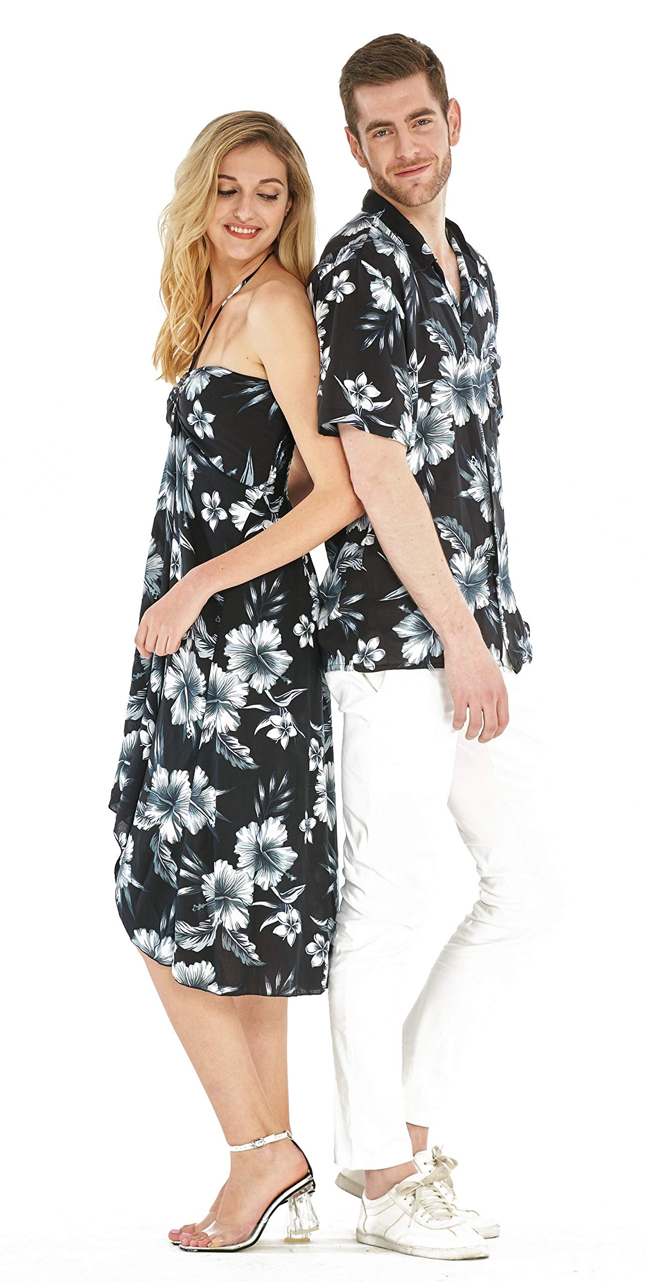 Couple Matching Hawaiian Luau Party Outfit Set - Black Rafelsia Aloha Shirt & Dress for Beach Vacation, Summer Party, and Tropical Theme Events