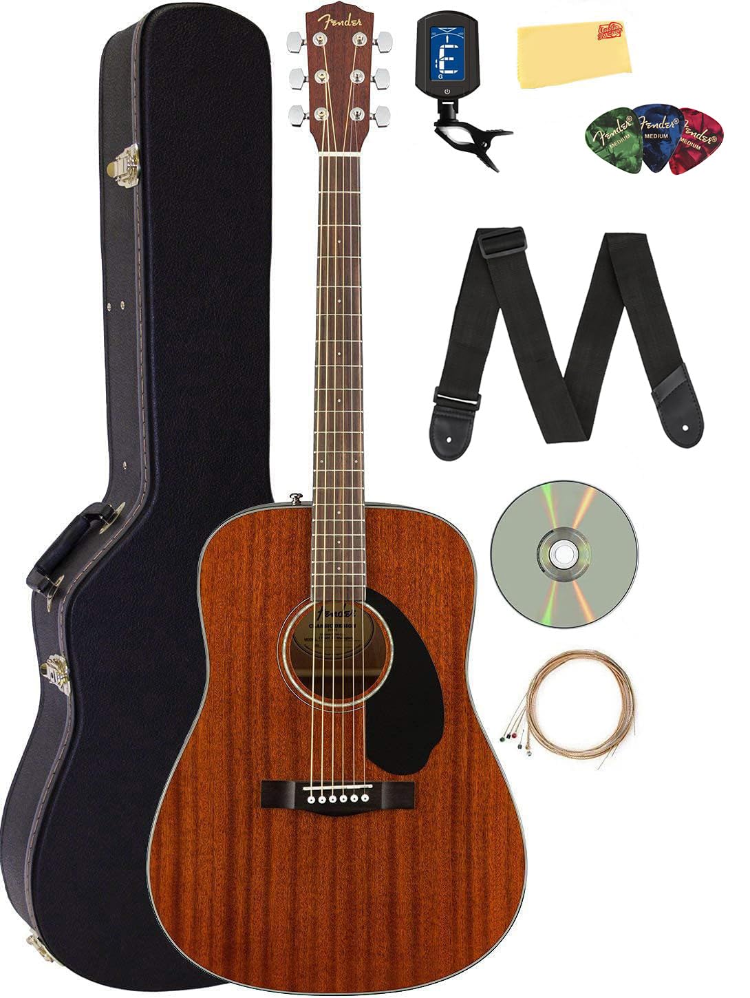 Fender CD-60S Solid Top Dreadnought Acoustic Guitar - All Mahogany Bundle with Hard Case, Tuner, Strap, Strings, Picks & Accessories | Perfect for Beginners, Campfire Sessions & Live Performances