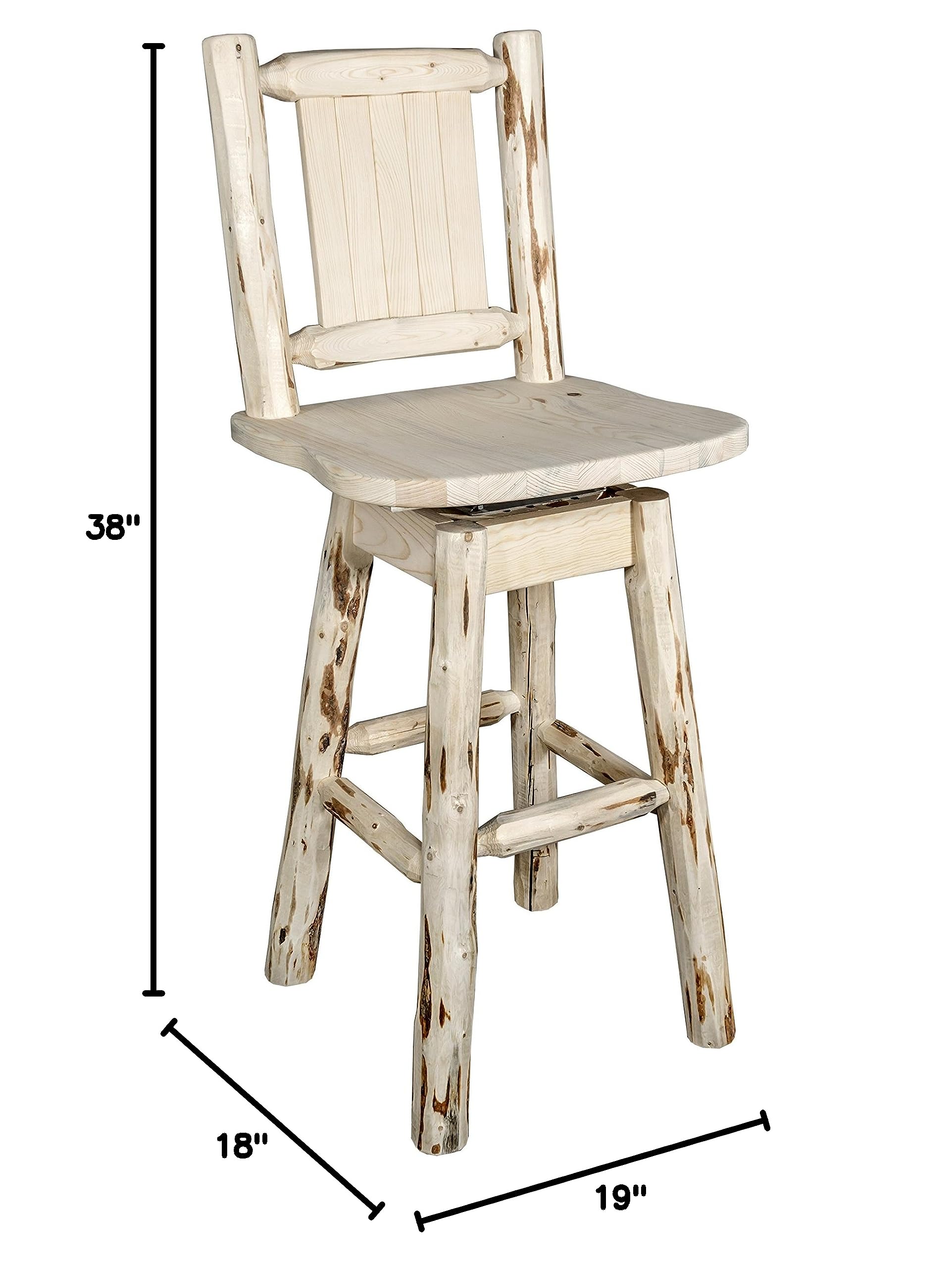Montana Woodworks Swivel Bar Stool with Back - Laser Engraved Pine Tree Design, Clear Lacquer Finish - Counter Height Bar Stools for Kitchen Island, Breakfast Nook & Home Bar Decor