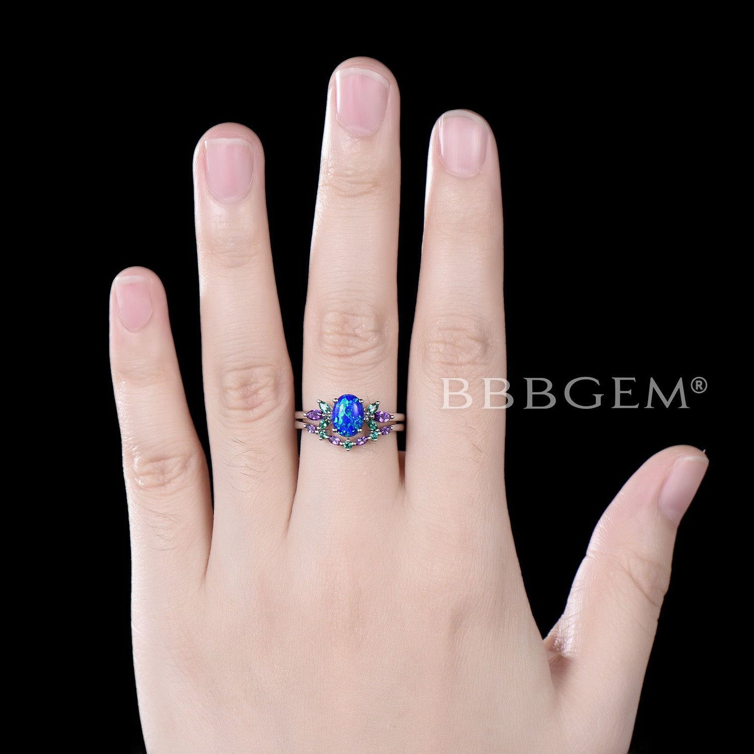 1.5ct Oval Cut Blue Opal Engagement Ring Set - Sterling Silver with Emerald & Amethyst Accents - Wedding Ring, Bridal Jewelry Set - Perfect for Proposals, Anniversaries & Romantic Gifts