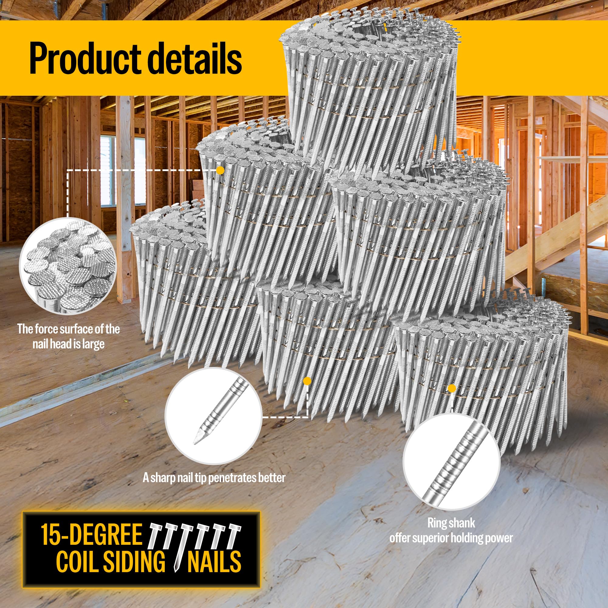Meite 3-Inch Coil Siding Nails - Ring Shank Electro-Galvanized Coil Nails 3