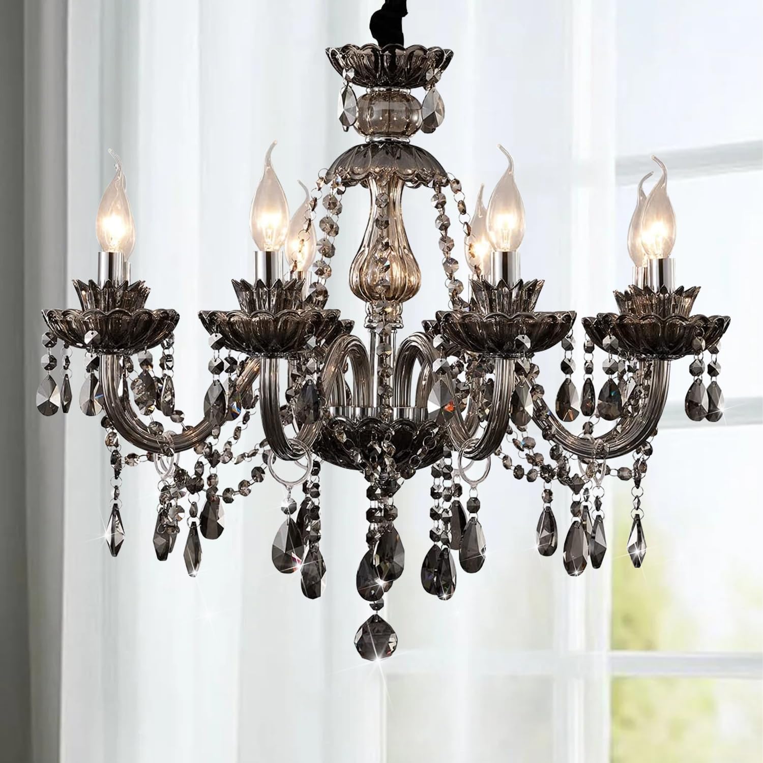 Elegant Smoky Gray Crystal Chandelier - 6-Light Teardrop Candle Pendant Ceiling Light Fixture for Living Room, Kitchen, Dining Room, Entryway & Closet | Vintage-Inspired Lighting for Dinner Parties & Home Decor | CRYSTOP