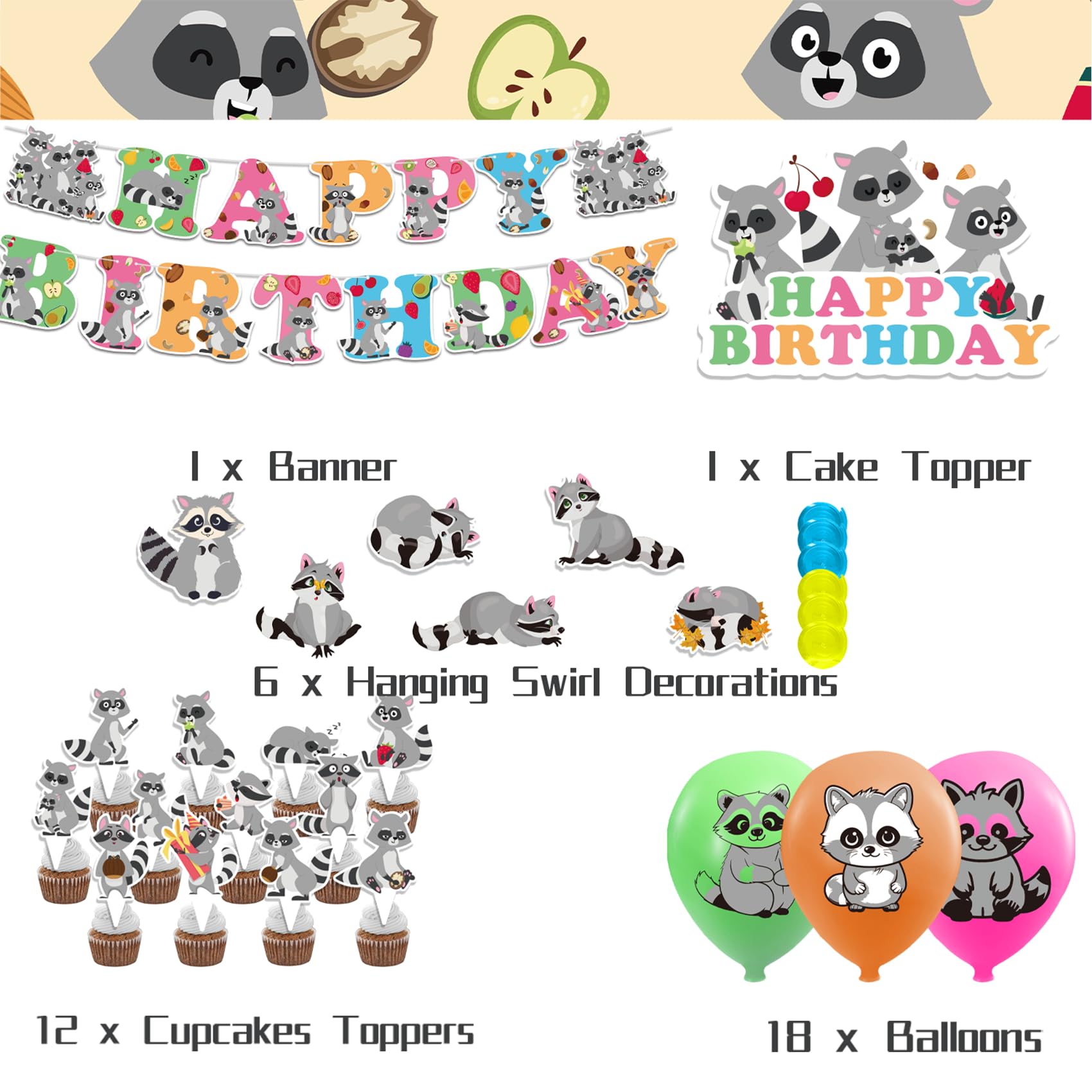 Raccoon Party Decorations Set - Woodland Baby Shower & Birthday Supplies Kit with Banner, Spirals, Cake Topper, Cupcake Toppers, Balloons for Nursery Theme, Gender Reveal & First Birthday Parties