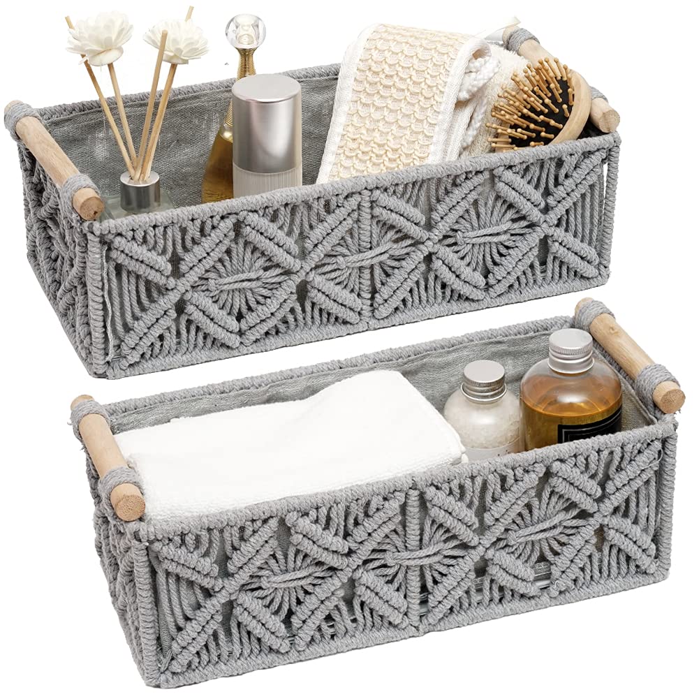 Macrame Storage Basket Set of 2 - Boho Woven Decorative Baskets for Home Organization, Bathroom Countertop, Toilet Paper Holder, Nursery & Living Room Decor - Grey (Perfect for Bedroom, Entryway & Boho Chic Home Decor)