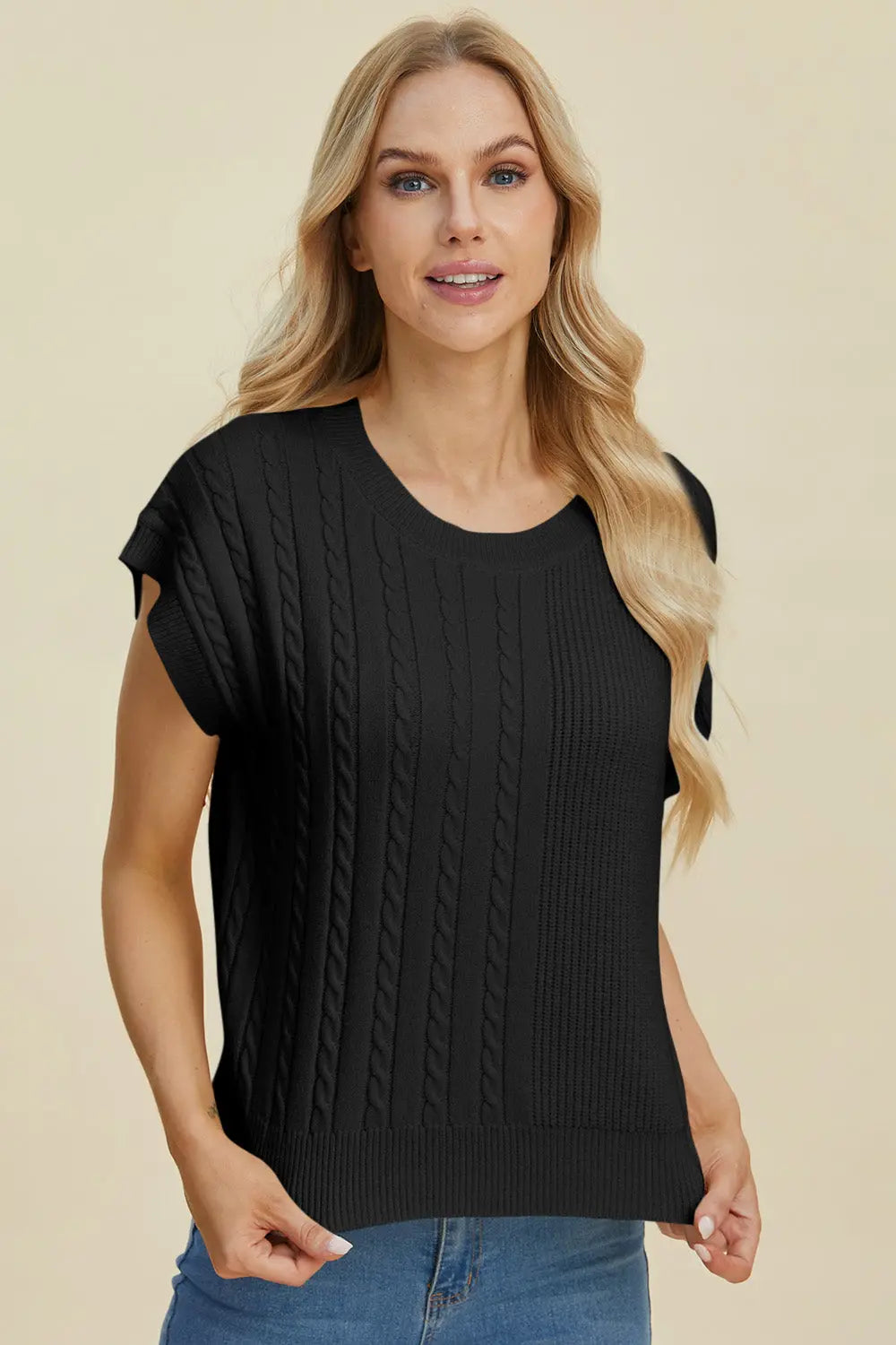 Double Take Full Size Cable Knit Round Neck Short Sleeve Sweater for Women - Cozy Casual Pullover Top for Fall & Winter - Perfect for Office, Date Night and Weekend Outings