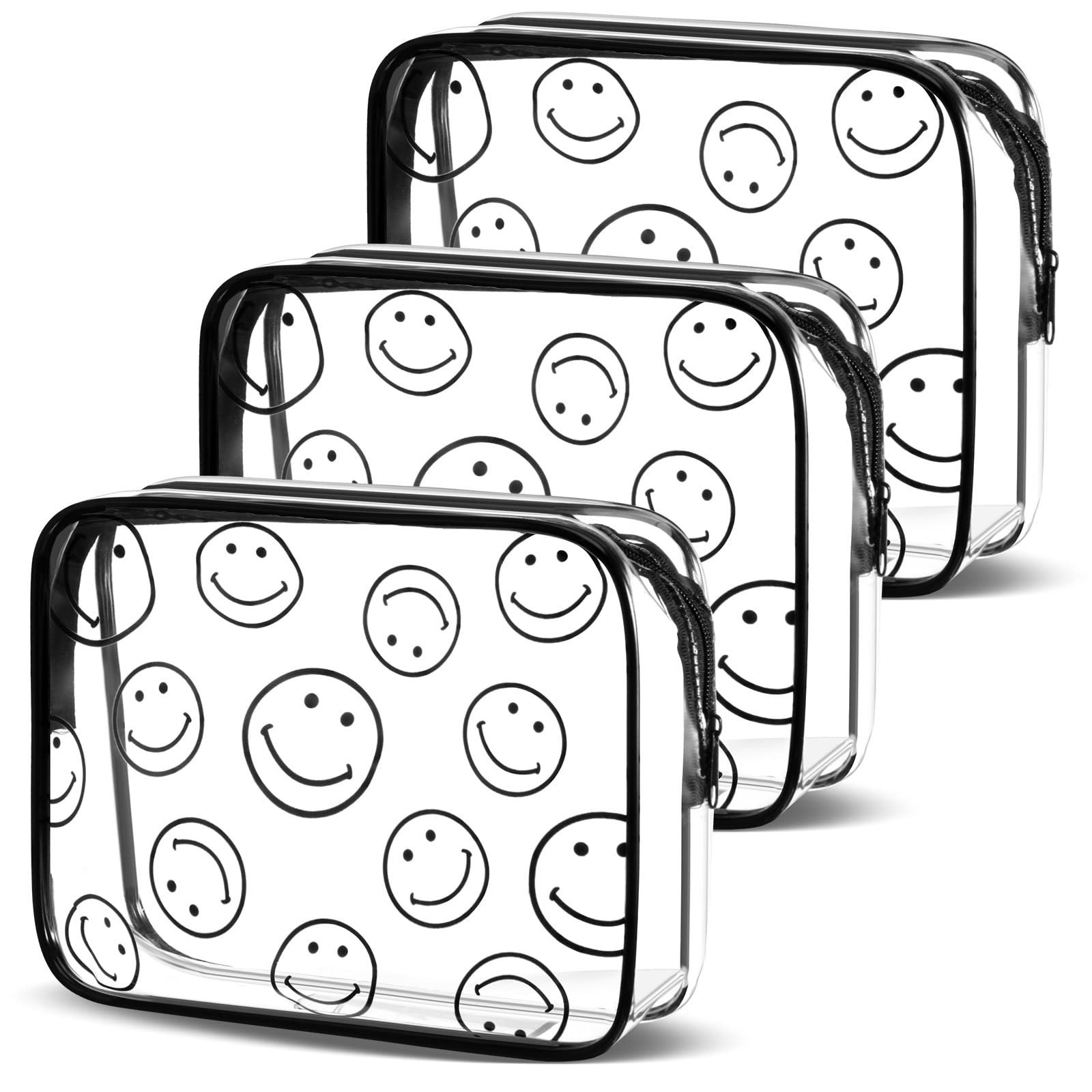 3-Piece Clear PVC Makeup Bags with Zipper - Smiley Face Cosmetic Organizer for Travel, Lightweight Transparent Toiletry Bags for Women | Perfect for Airplane Carry-On, Gym Essentials & Daily Beauty Storage