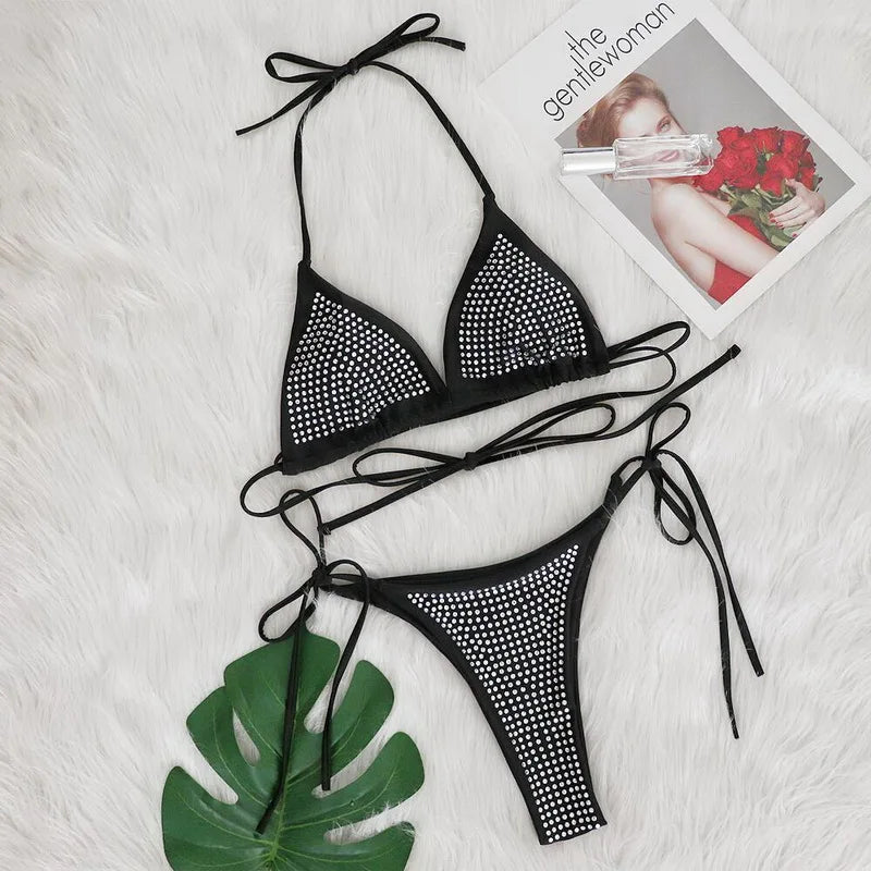 2024 Black Luxury Rhinestone Bikini Set - Push Up Brazilian Swimsuit for Women with Halter Top | Sexy Two Piece Bathing Suit for Beach, Pool Party & Summer Vacation