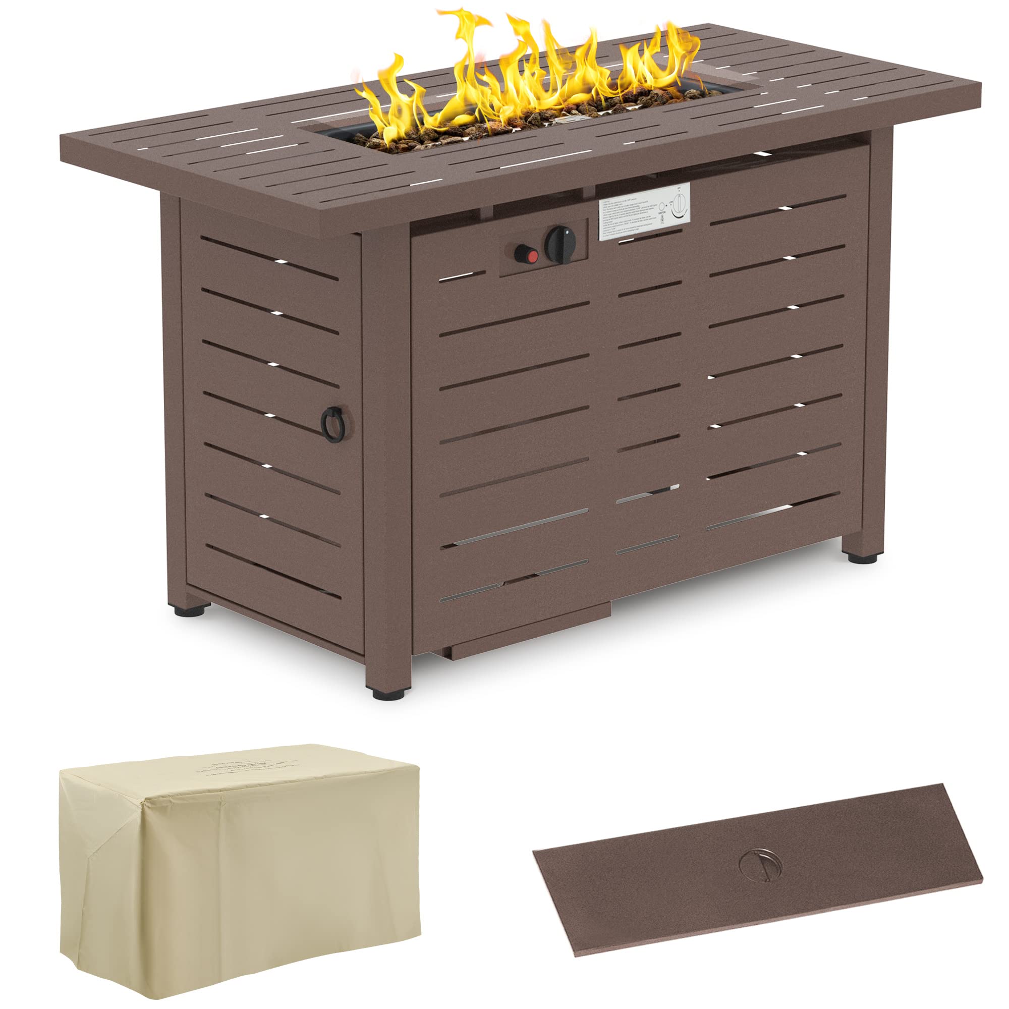 Outsunny 42 Inch Outdoor Propane Fire Pit Table - 50,000 BTU Auto-Ignition Rectangular Gas Fire Pit with Slat Tabletop, Lid, Lava Rocks & Rain Cover - CSA Certified Brown Patio Heater for Backyard, Deck, Garden & Outdoor Gatherings