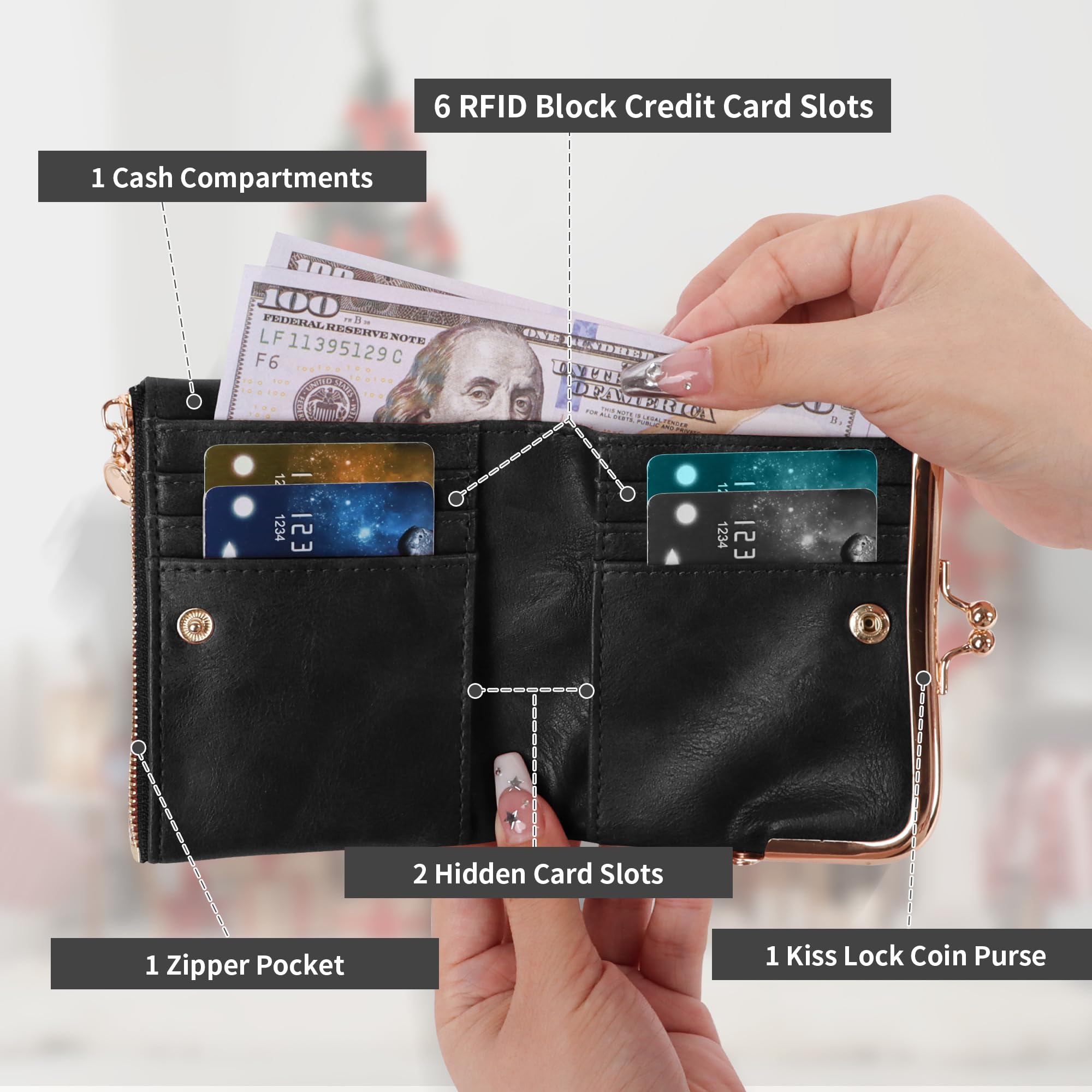 Jiusely Women's RFID Blocking Leather Wallet - Slim Bifold Zipper Purse with Kiss Lock for Credit Cards & Cash (Black) | Perfect for Travel, Shopping & Everyday Use