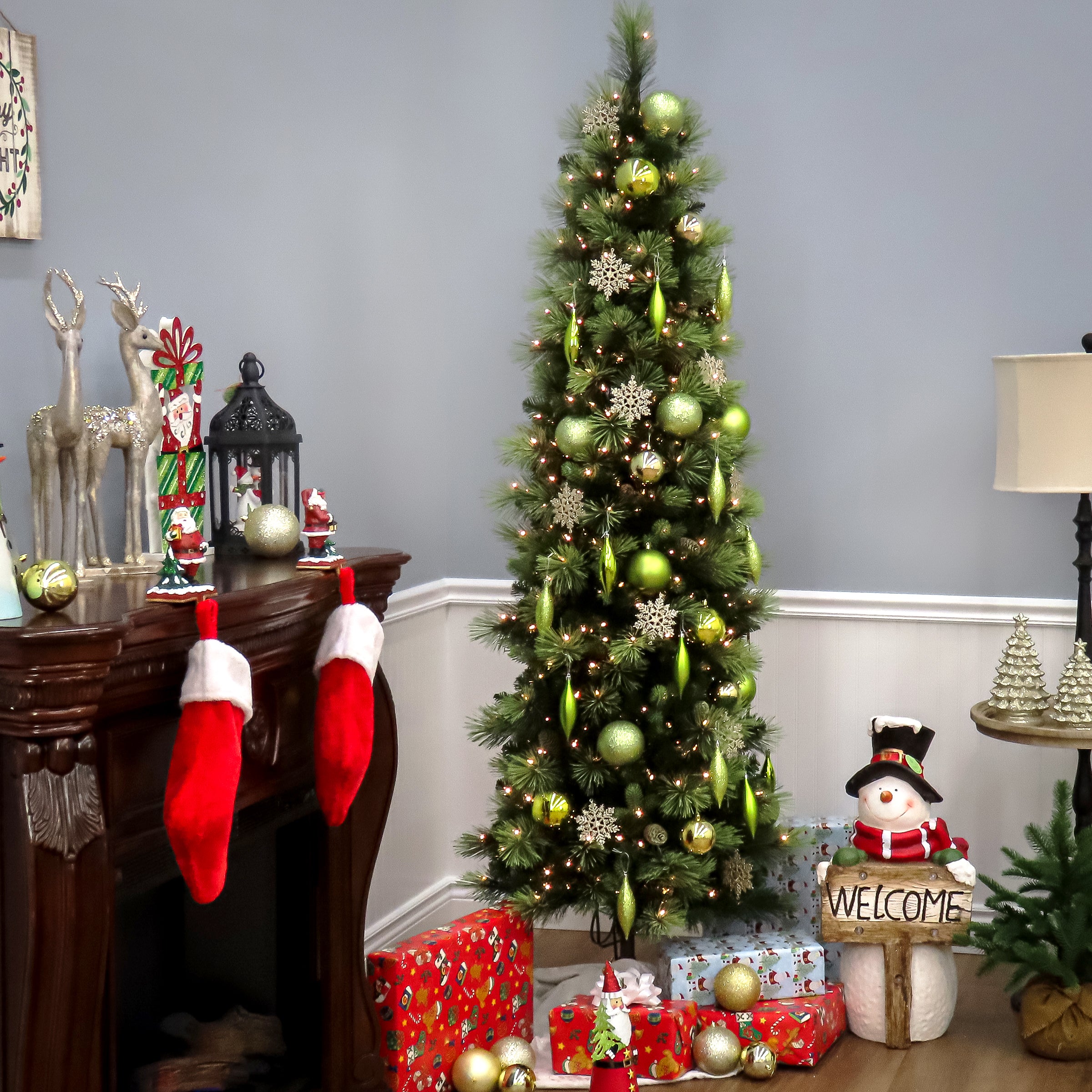 7.5 ft Pre-Lit Carolina Pine Slim Christmas Tree with 500 Clear LED Lights - Perfect for Small Spaces, Apartments & Holiday Decor