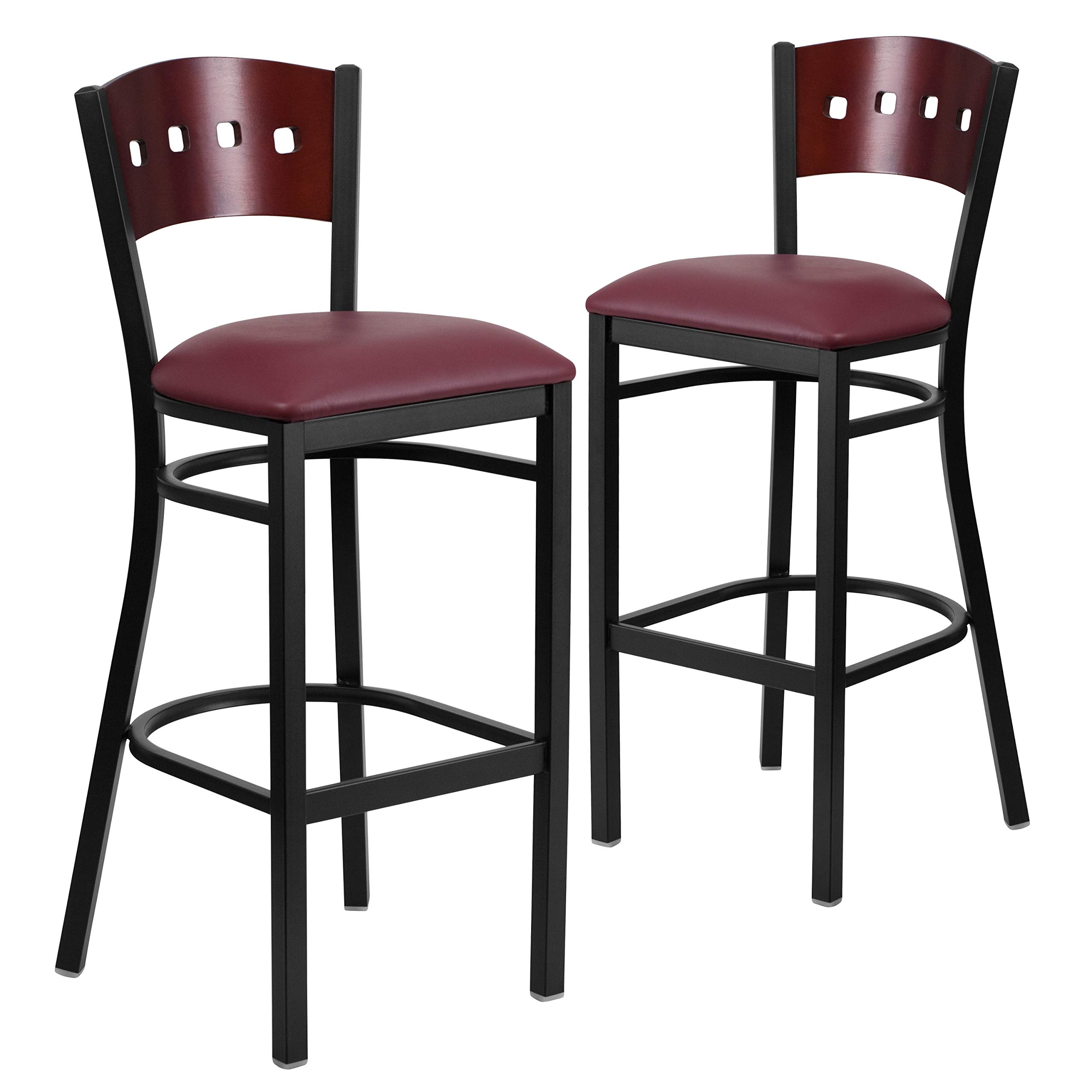2 Pack Black 4 Square Back Metal Barstools - Mahogany Wood Back, Burgundy Vinyl Seat - Perfect for Kitchen Islands, Breakfast Bars & Home Decor