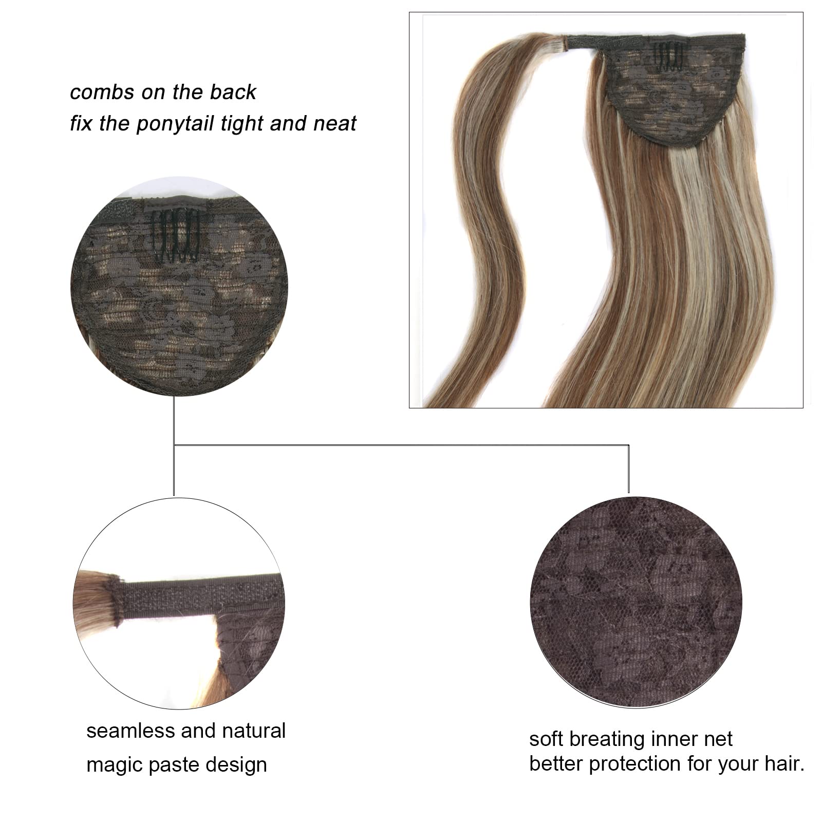 Ugrace 14 Inch Blonde Ponytail Hair Extension - Clip-In Human Hair Ponytail for Women, Remy Straight One Piece Hairpiece (Highlight P10/613) - Perfect for Parties, Weddings & Everyday Styling