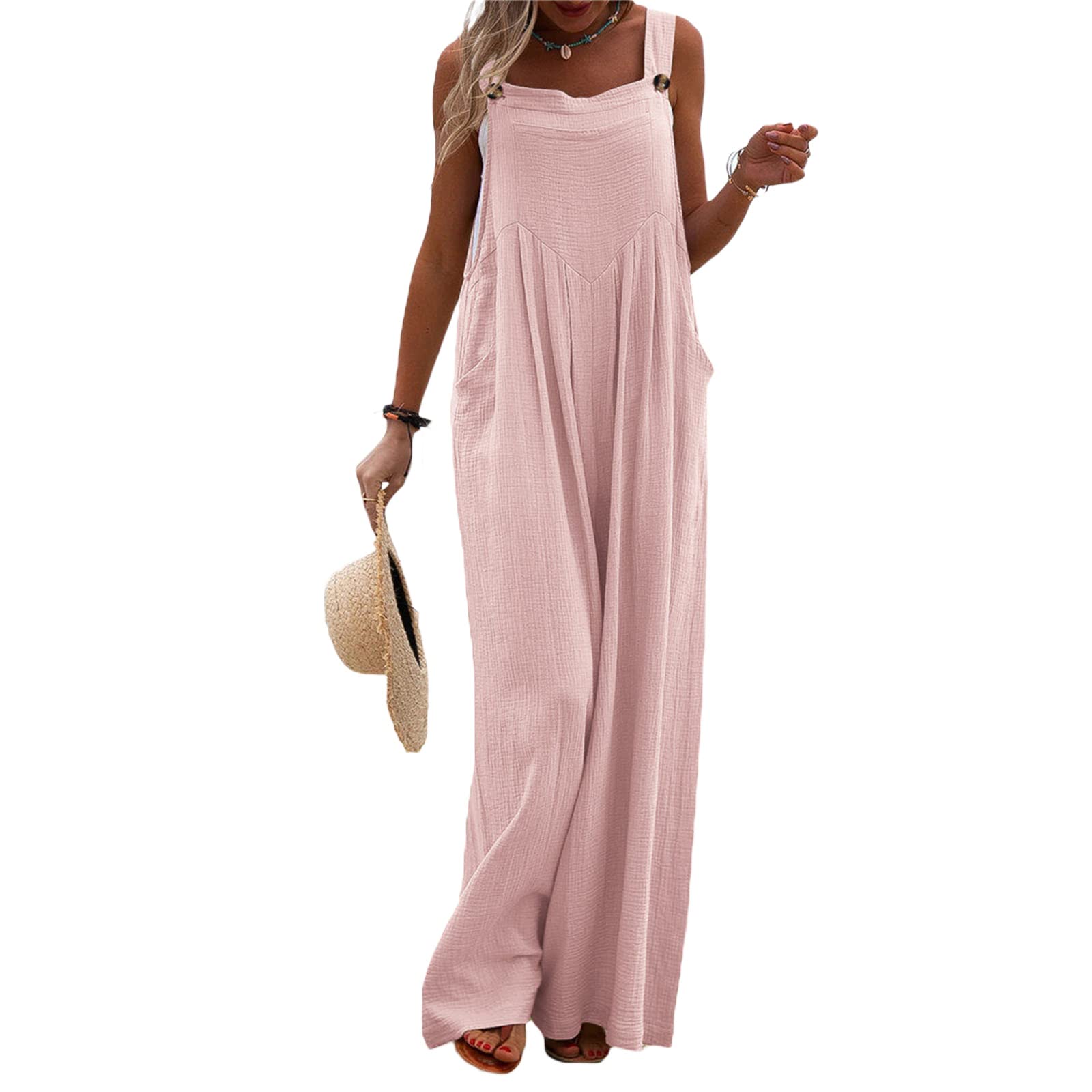 Kaipiclos Women's Baggy Overalls - Plus Size Wide Leg Jumpsuit, Solid Color Loose Linen Suspender Overalls with Pockets | Casual Summer Outfit for Streetwear, Travel & Boho Fashion