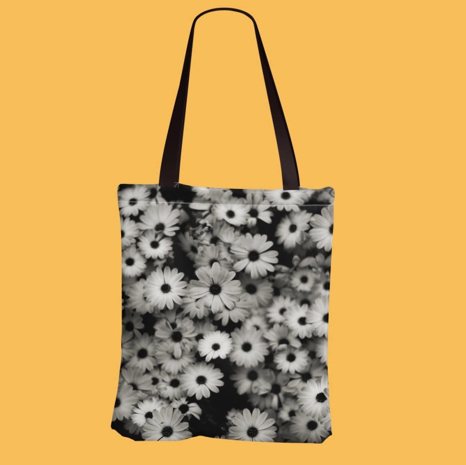 Bohemian Daisy Print Canvas Tote Bag for Women - Eco-Friendly Reusable Shopping Bag with Inner Pocket, Washable & Foldable (33x39cm) - Perfect for Travel, Beach, Grocery Shopping & Daily Use