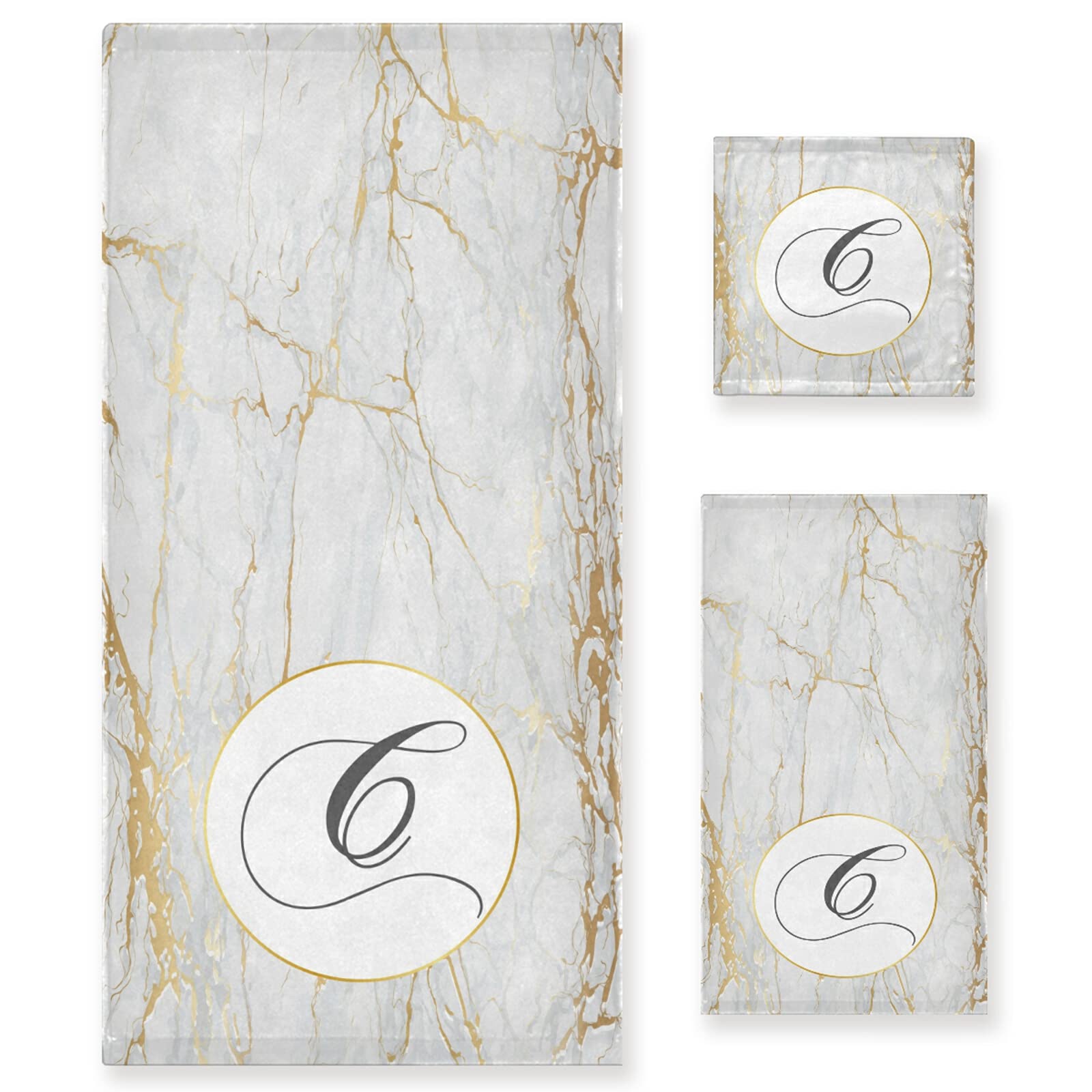 Jucciaco C Monogrammed Bath Towel Set - 3 Piece Luxury White Marble Design (1 Bath Towel, 1 Hand Towel, 1 Washcloth) | Ultra Soft & Absorbent Cotton Towels for Spa, Bathroom & Guest Use | Personalized Gift for Men & Women