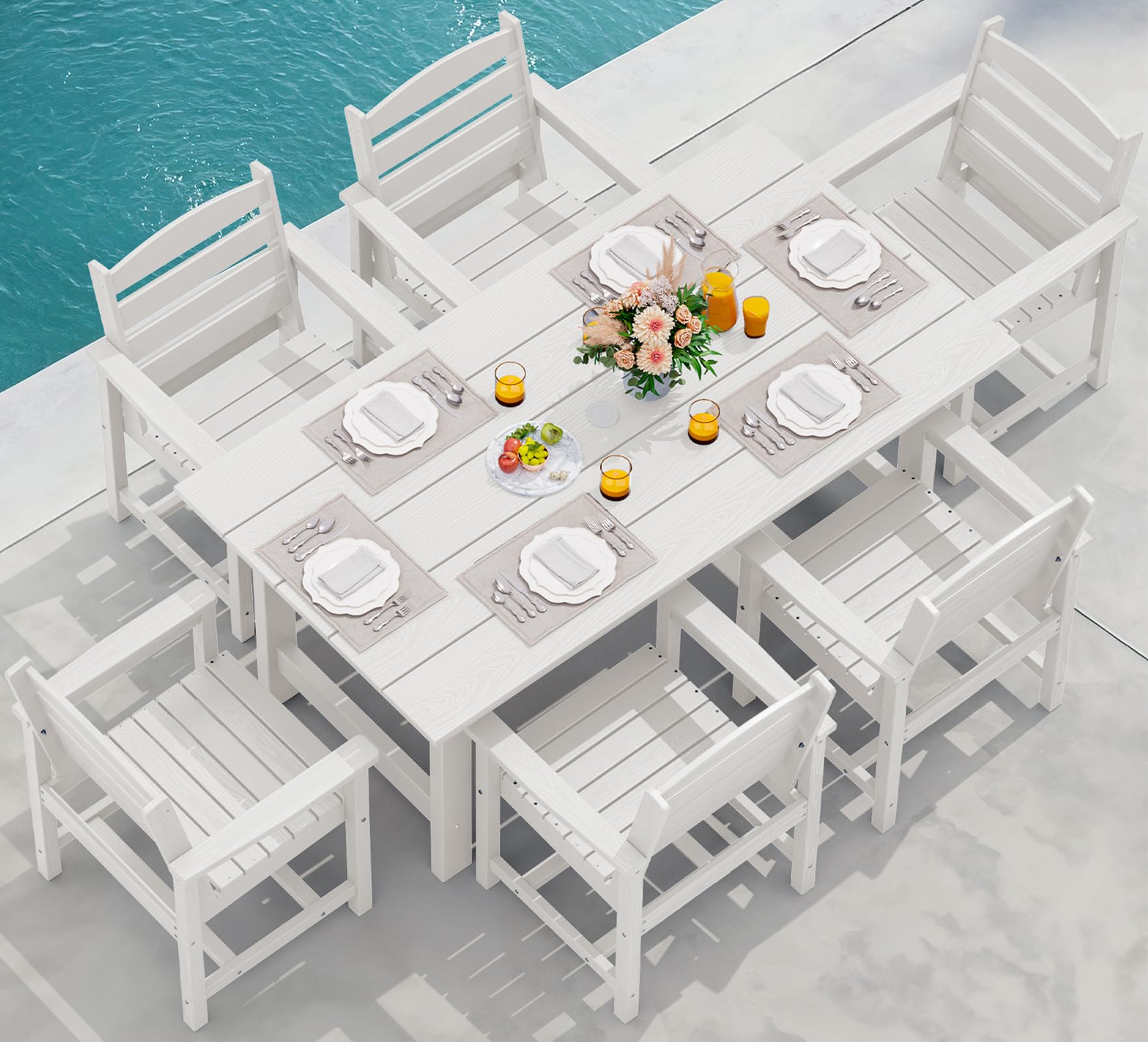 SERWALL 7-Piece Outdoor Dining Set - HDPE Patio Table with Umbrella Hole & 6 Chairs, White - Perfect for Backyard, Garden, and Poolside Entertaining