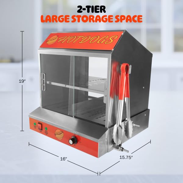 Commercial Hot Dog Steamer Machine - 34.5L Capacity, 1200W Power with Bun Warmer - Holds 175 Hot Dogs & 40 Buns - Great Northern Popcorn Hotdog Maker for Restaurants, Carnivals & Food Trucks