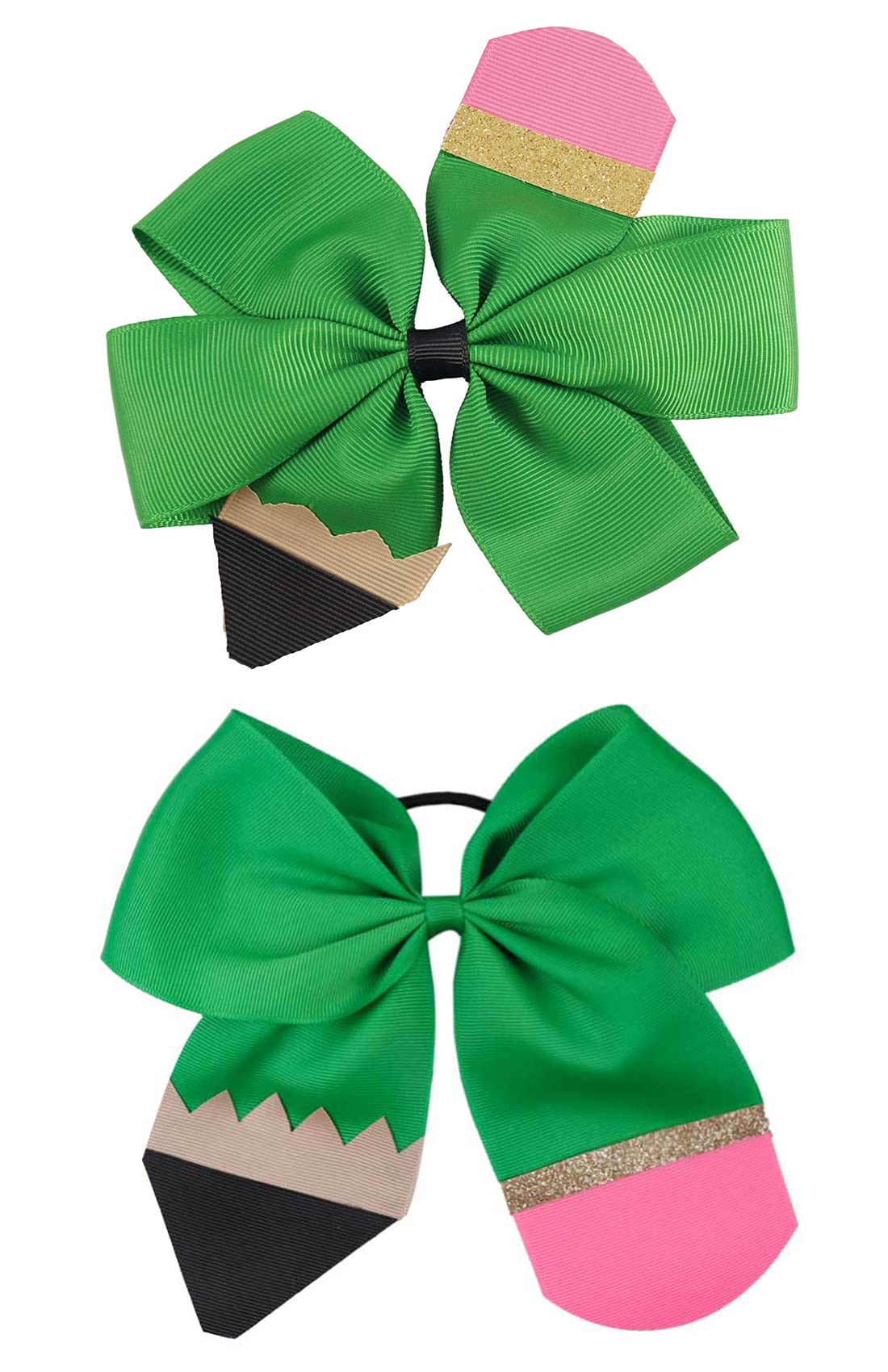 Cheerleader Hair Bows for Girls - School Cheer Bow Clips, Ponytail Holders & Pencil Hair Clips (Green Set) - Perfect for Cheerleading, School Spirit Days & Dance Competitions