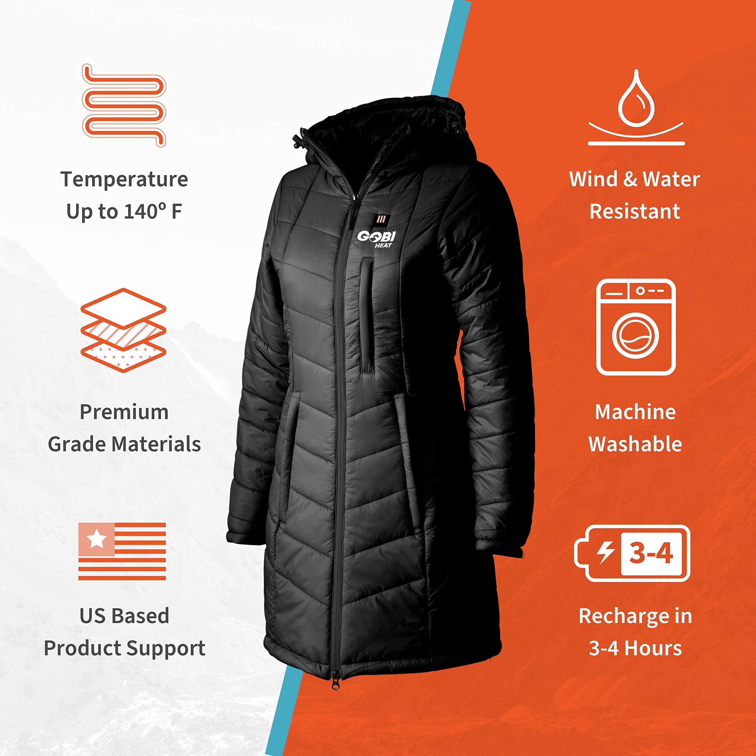 Victoria Women’s Long Puffer Heated Jacket with Battery & Charger - 9 Hours Heating, 5 Adjustable Heat Zones, Machine Washable, All-Day Warmth for Winter - Perfect for Outdoor Activities, Commuting & Cold Weather (XS, Onyx)
