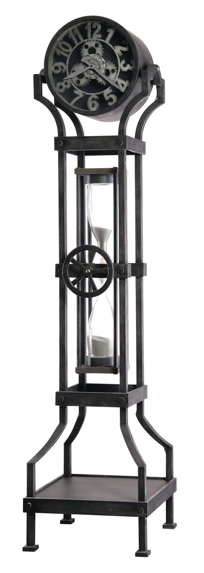 Howard Miller Hourglass III Floor Clock - Black Finish with Sand Timer & Incandescent Light Bulb, Metal Frame Arabic Numerals for Office & Home Decor | Classic Timepiece for Living Room, Study, or Entryway