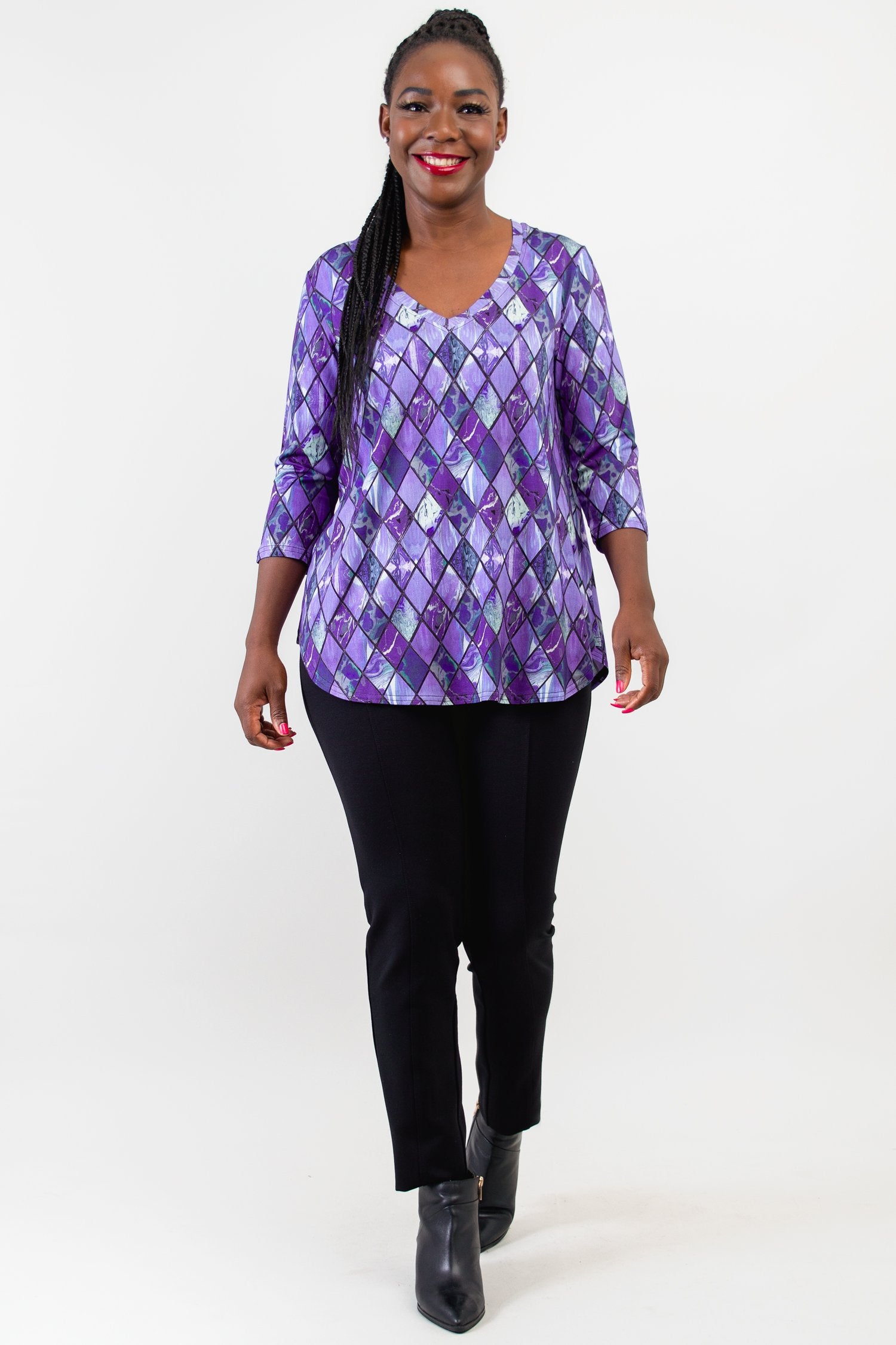 Jackie 3/4 Sleeve Women's Tops - Soft Bamboo Fabric in Violet Windowpane Print - Breathable & Comfortable for Yoga, Workout & Casual Wear - Final Sale