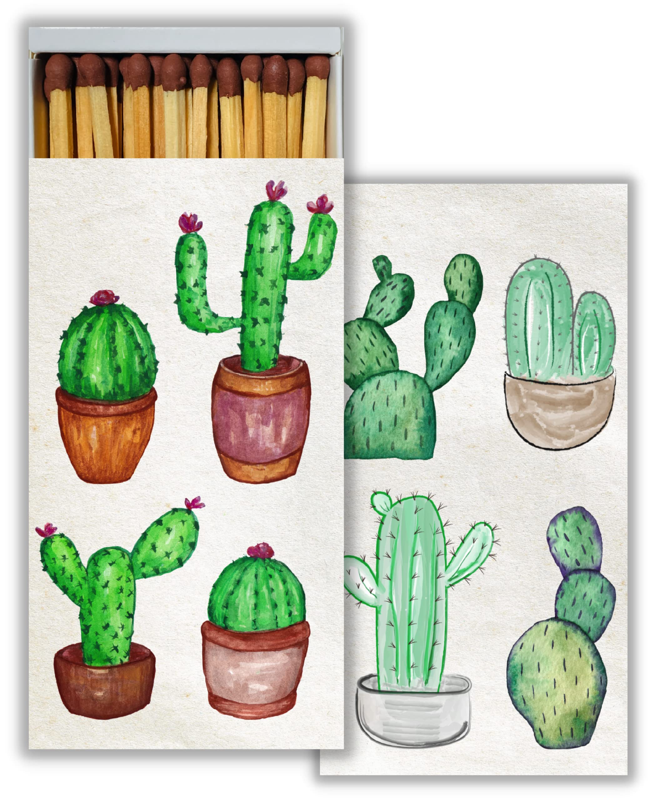 Watercolor Cactus Design Decorative Matchbox with Wooden Matches - Perfect for Lighting Candles, Fireplaces, Grills & Outdoor Activities | Gift-Ready Packaging