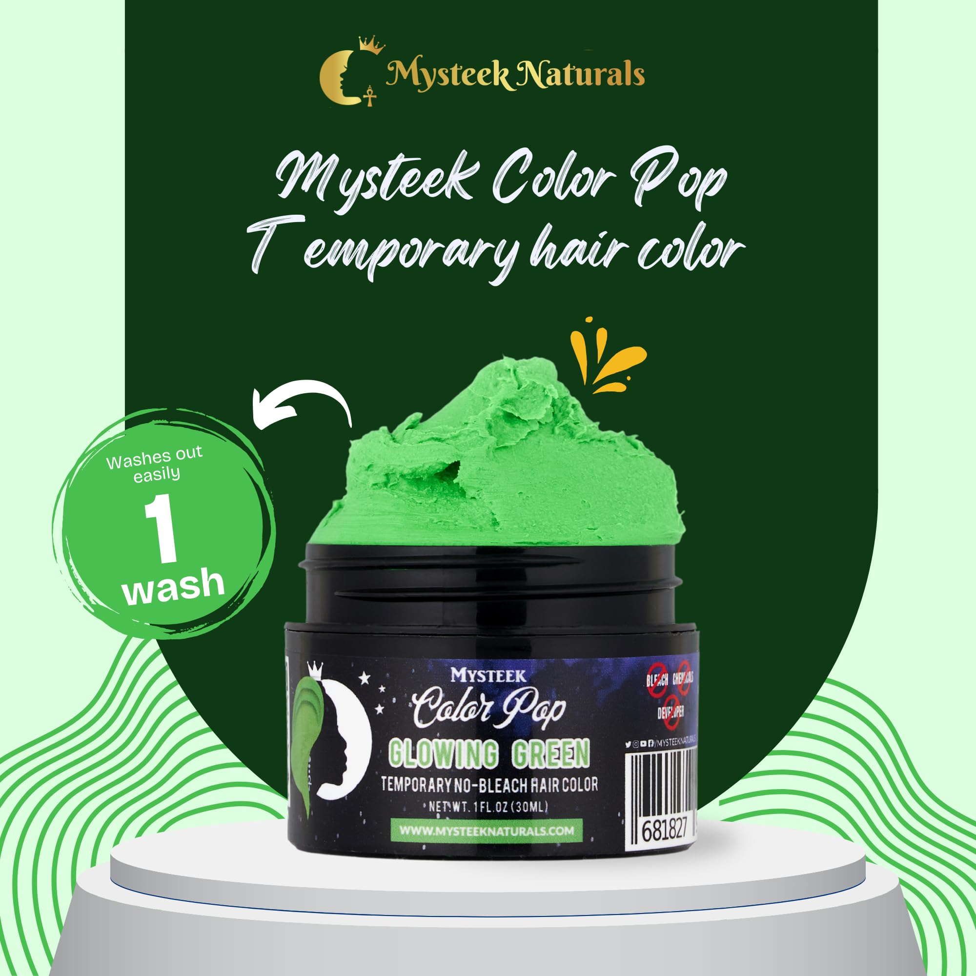 **Mysteek Temporary Hair Color - Glowing Green (1 Fl Oz) | No Bleach Needed, Washes Out Easily | Safe for Dark & Light Hair | Perfect for Parties, Halloween & Festivals**