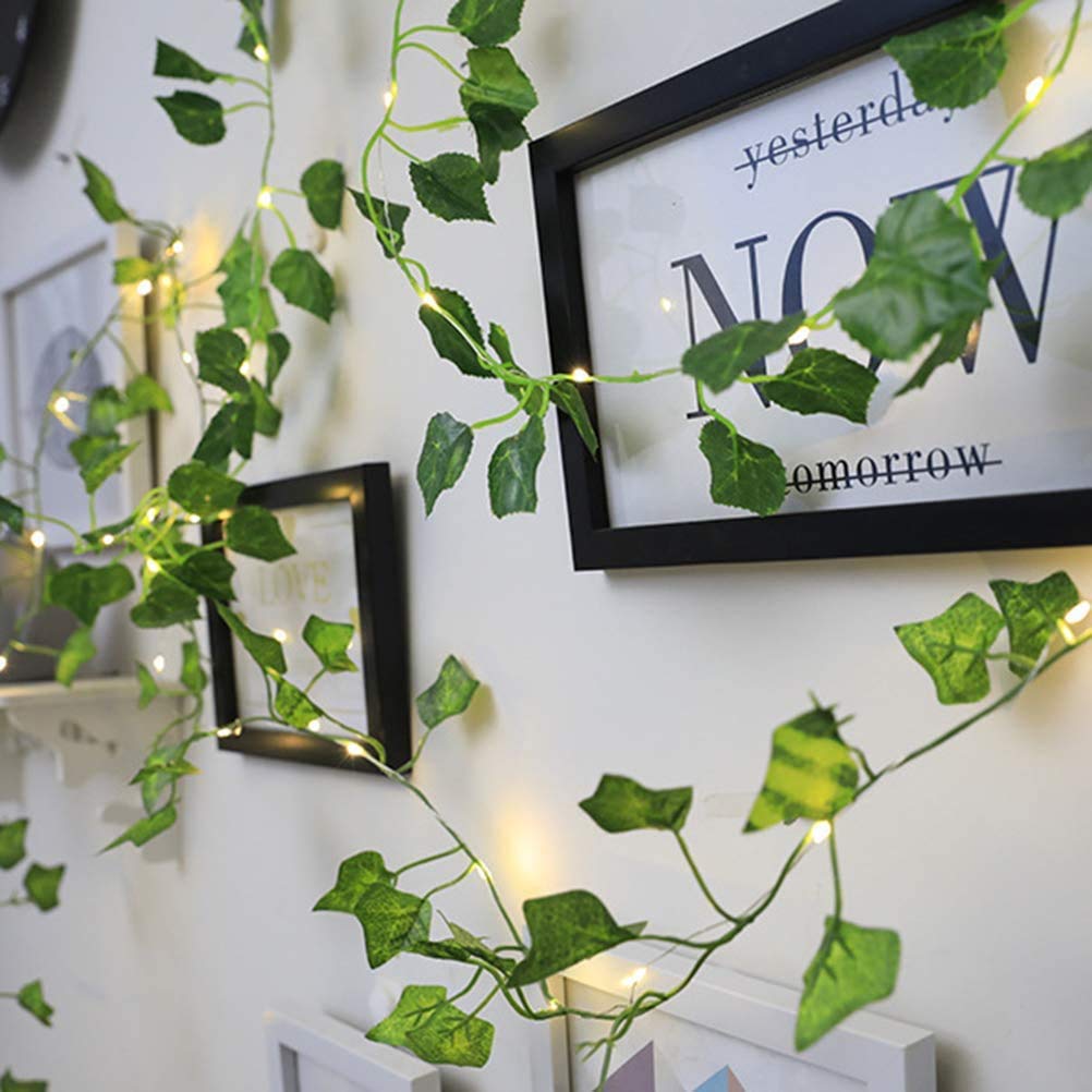 20 LED Artificial Green Leaf Garland String Lights - Battery Powered Copper Wire Vine Fairy Lights for Home, Kitchen, Garden, Office & Wedding Wall Decor - Perfect for Indoor/Outdoor Parties, Christmas, Halloween & Romantic Ambiance (Green Leaf, 20LED)