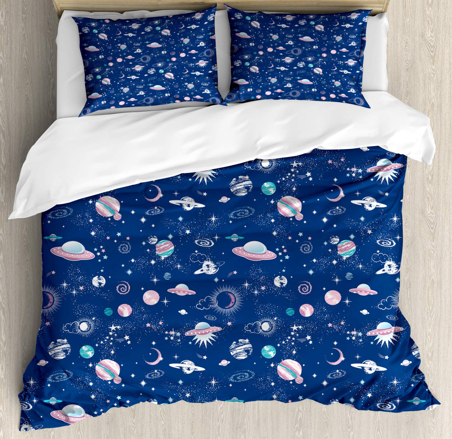 Ambesonne King Size Duvet Cover Set - Abstract Saturn UFO Aliens Galaxy Planets Design on Dark Blue Background, 3 Piece Bedding Set with 2 Pillow Shams, Dark Sky Blue & White | Space Themed Bedroom Decor for Teens & Adults, Sci-Fi Lover Gift Idea
