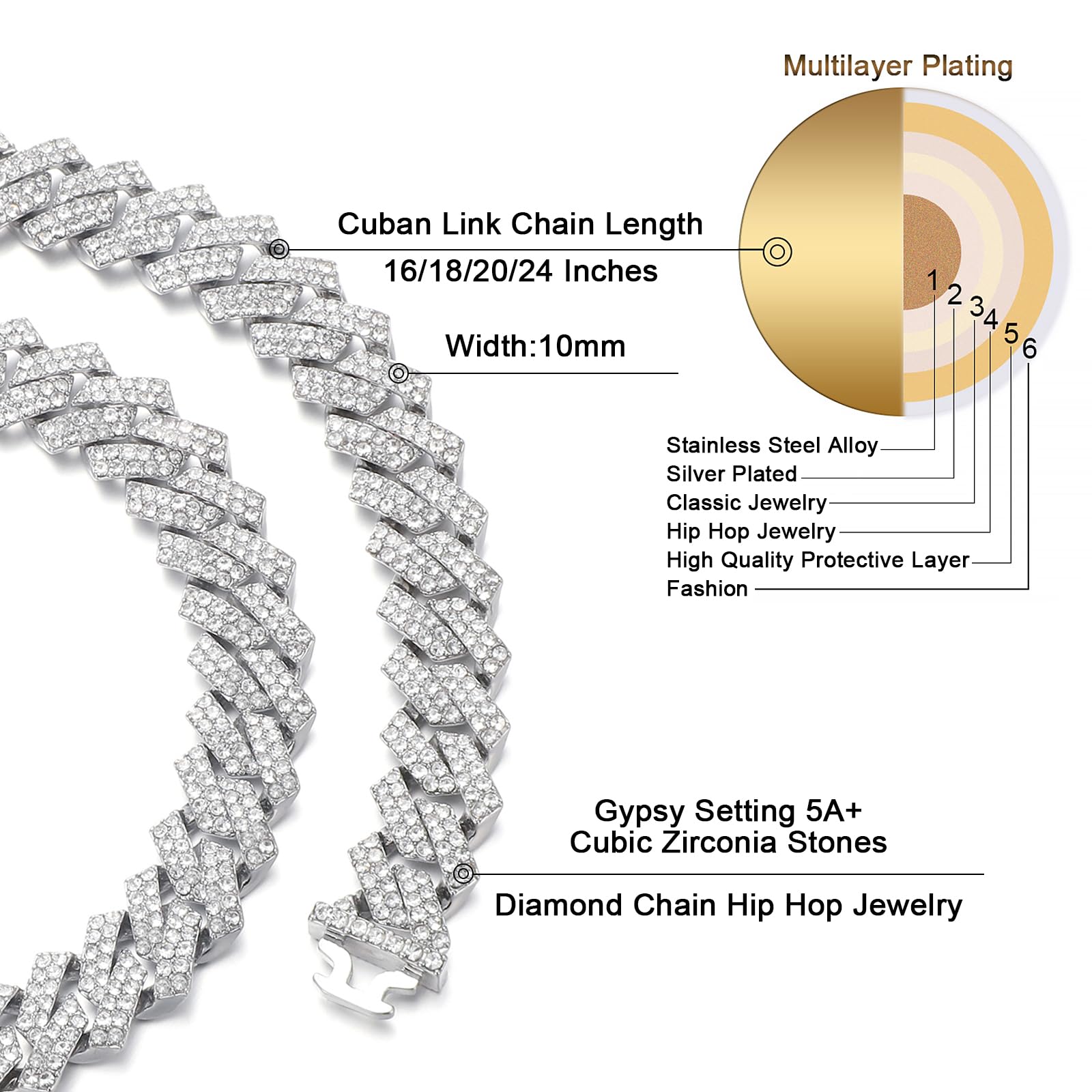 Saintda Cuban Link Chain for Men & Women - Iced Out Silver, Gold & Rose Gold Miami Cuban Necklace - Bling Diamond Hip Hop Jewelry with Gift Box - Perfect for Parties, Gifts & Streetwear Fashion