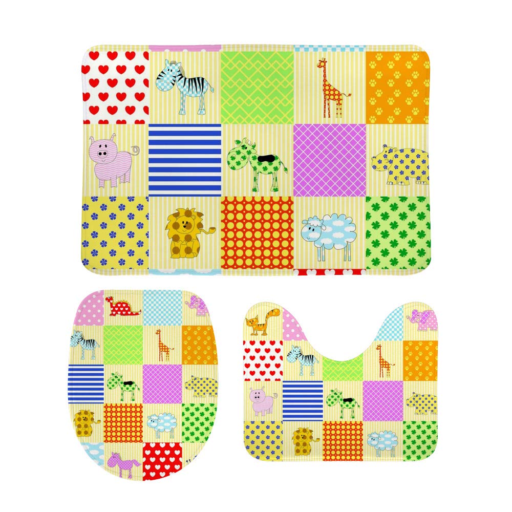 3-Piece Bath Rug Set - Non-Slip Absorbent Bath Mats with Cute Animal Print, Toilet Lid Cover & U-Shaped Contour Rug - Machine Washable for Kids & Adults - Perfect for Bathroom Safety and Decor