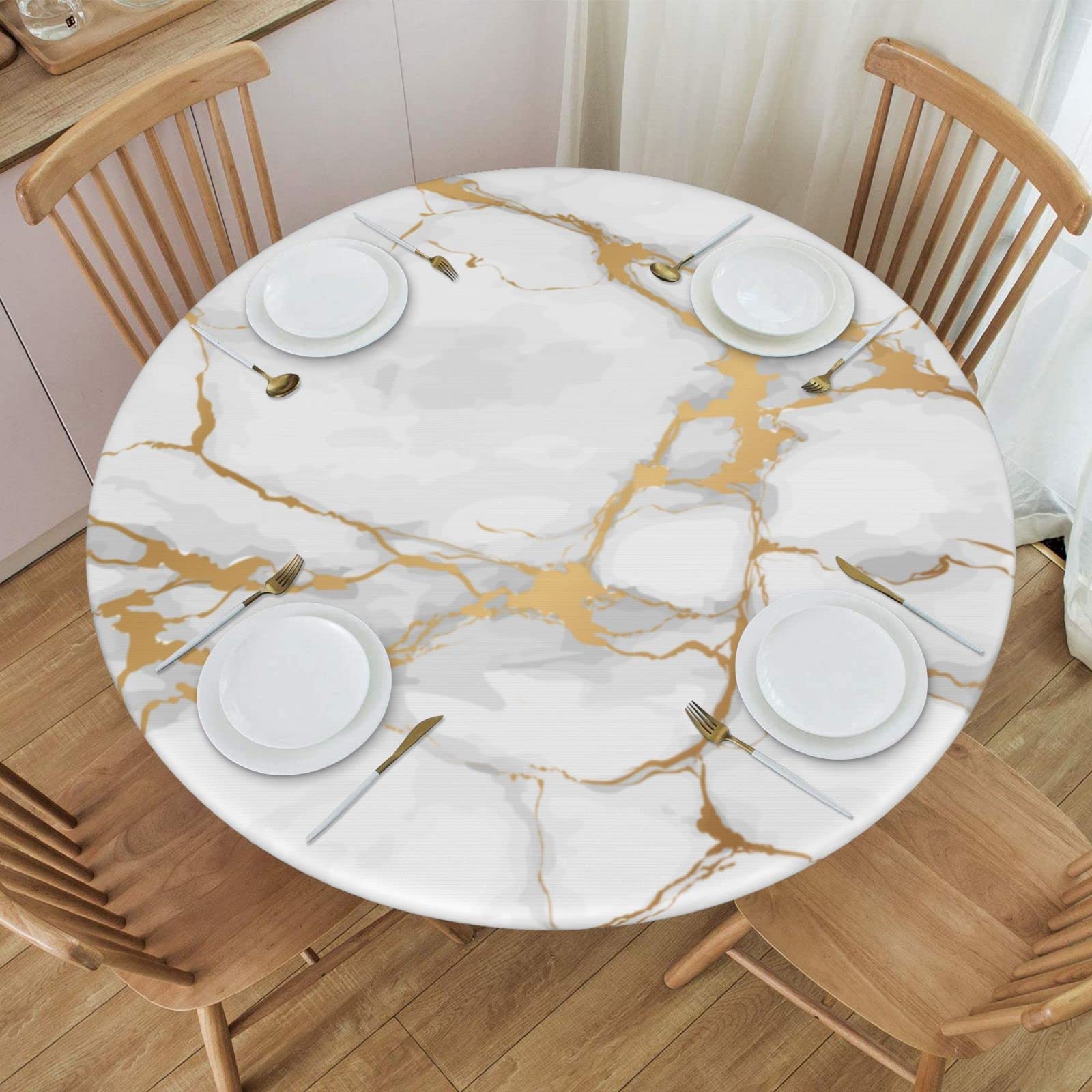 Waterproof Elastic Round Tablecloth - White Marble Print Fitted Table Cover for 40'' to 44'' Tables, Indoor & Outdoor Dining, Party, Wedding, Picnic Use
