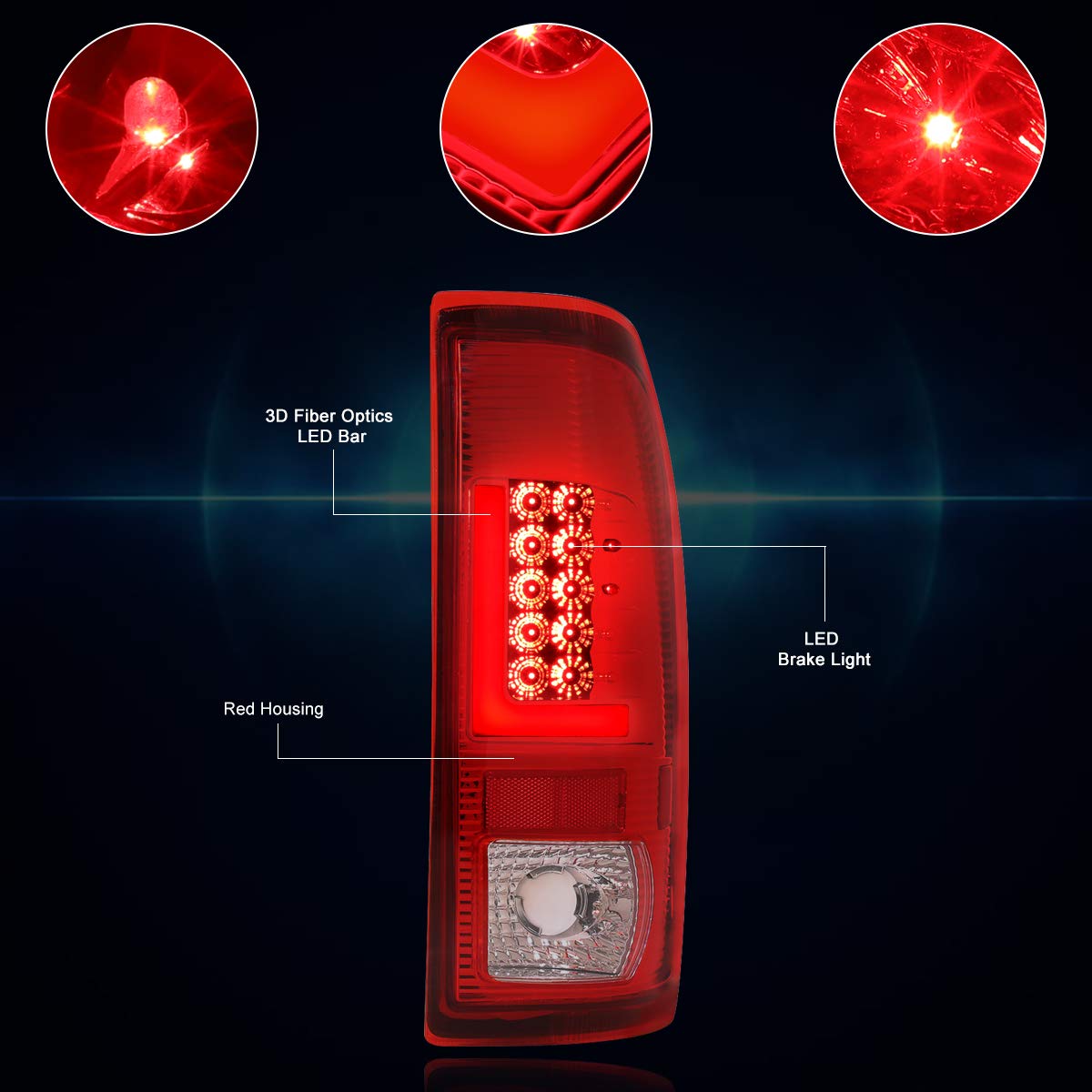 PM PERFORMOTOR Red L-Shape 3D LED Tail Brake Light Bar Assembly - Compatible with 1997-2007 Ford F250 F350 F450 F550 Super Duty Trucks - Chrome Housing with Red Lens - Enhanced Visibility & Safety for Night Driving & Towing
