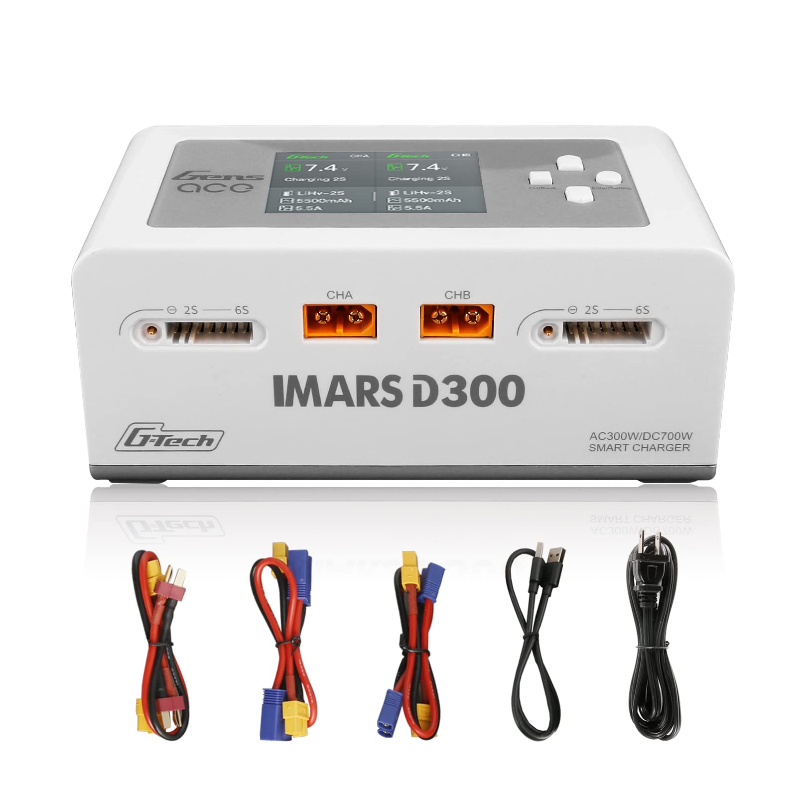 Gens Ace IMARS D300 G-Tech Series Smart Dual Lipo Battery Charger - 16A AC 300W DC 700W Fast Charging for RC Cars, Drones, and Airsoft (White) - Perfect for Hobbyists and Professionals