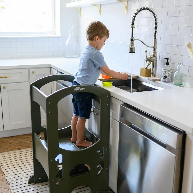 Montessori Learning Tower for Toddlers - Adjustable Height, Safe & Sturdy Olive Green Wooden Step Stool - Perfect for Kitchen, Baking & Playtime Activities