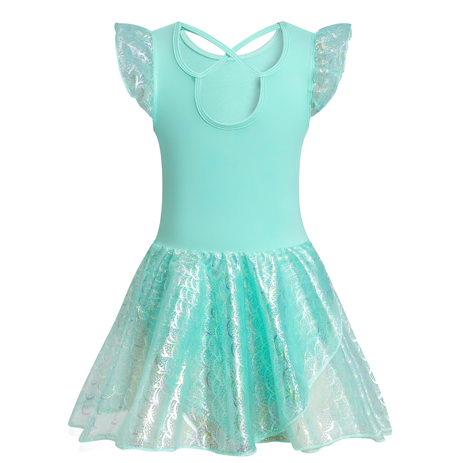 Phineein Girls' Flutter Sleeve Criss-Cross Back Dance Leotard - Ballet Gymnastics Leotard with Dress Cutout Back for Kids Dance Class & Performance