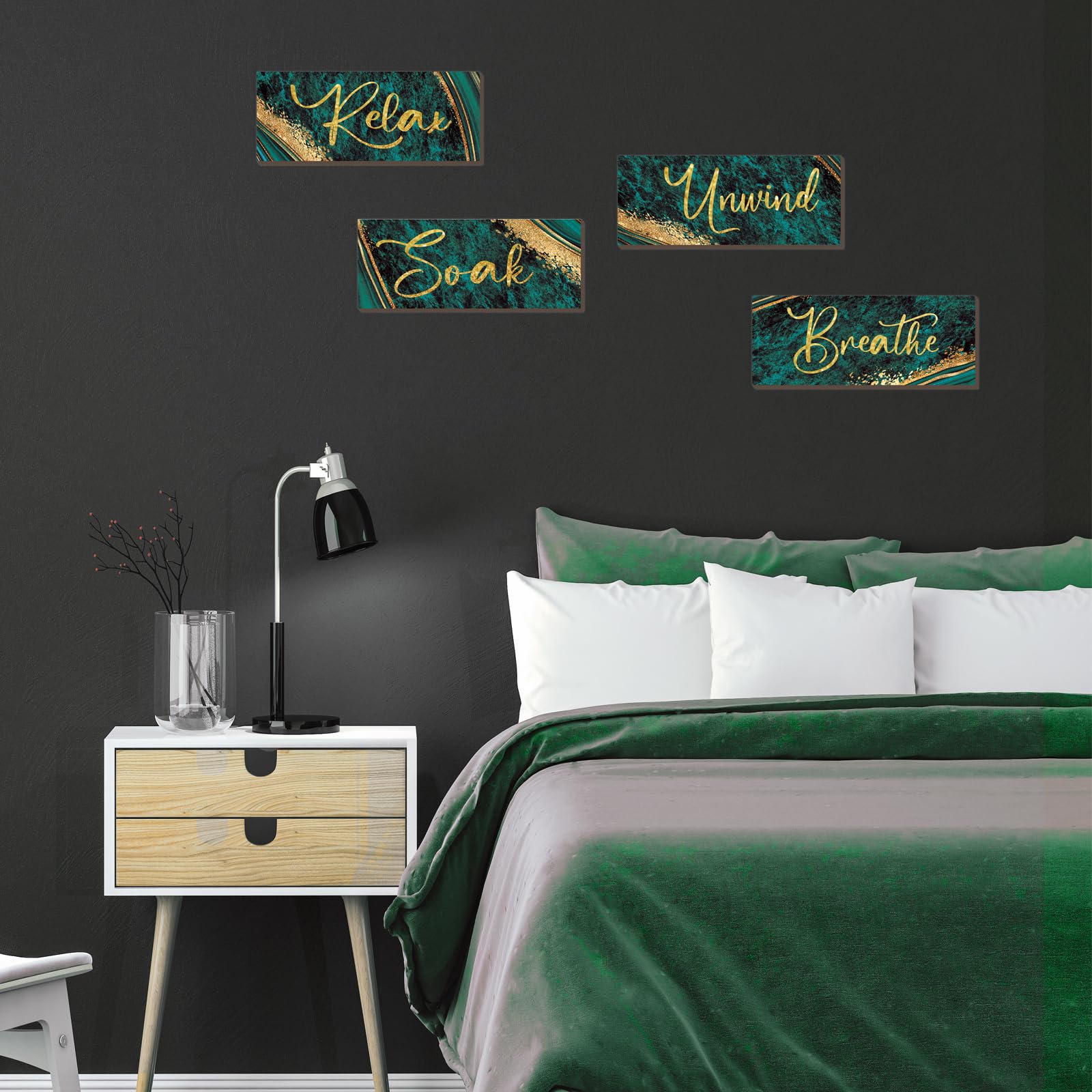 ONIZHITY 4-Piece Green and Gold Bathroom Decor Set - Rustic Wooden Wall Art with Marble Accents for Relaxation (10