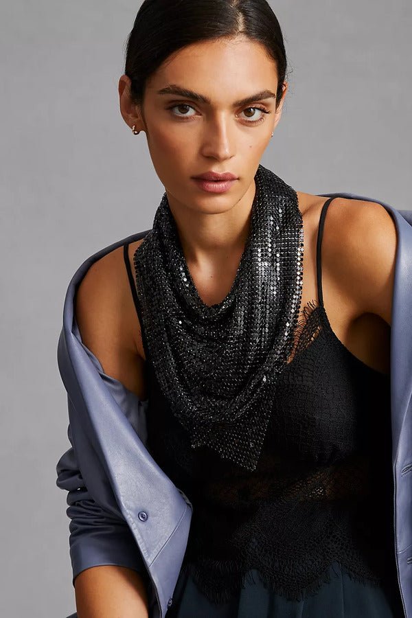 Elegant Cowl Neck Chainmail Top Scarf - Women's Gothic Fashion Accessory for Parties, Cosplay & Medieval Events