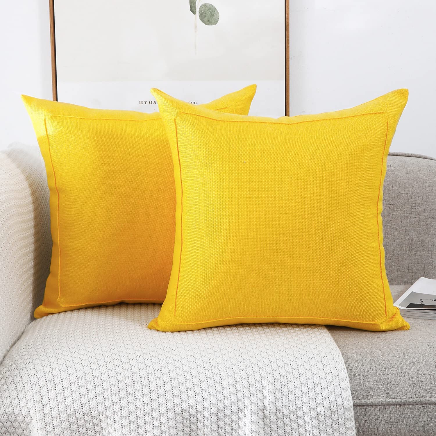 Jepeak 2-Pack Burlap Linen Throw Pillow Covers 16x16 Inches - Farmhouse Modern Decorative Square Cushion Cases for Sofa, Couch & Bed - Thickened Solid Bright Yellow Pillow Shams - Perfect for Living Room, Bedroom & Home Decor