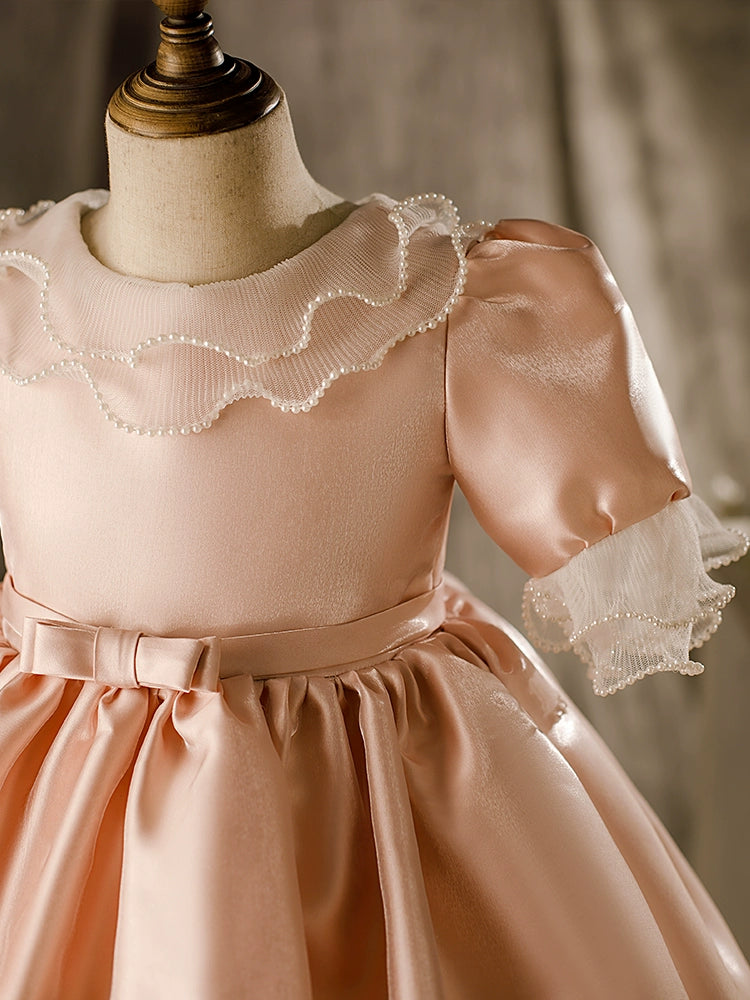 Pink Princess Round Tea Length Satin Flower Girl Dress - Perfect for Weddings, Birthday Parties & Special Occasions