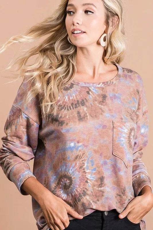 BiBi Tie Dye Print Terry Cotton Top with Front Patch Pocket - Women's Casual Loungewear for Summer & Beach
