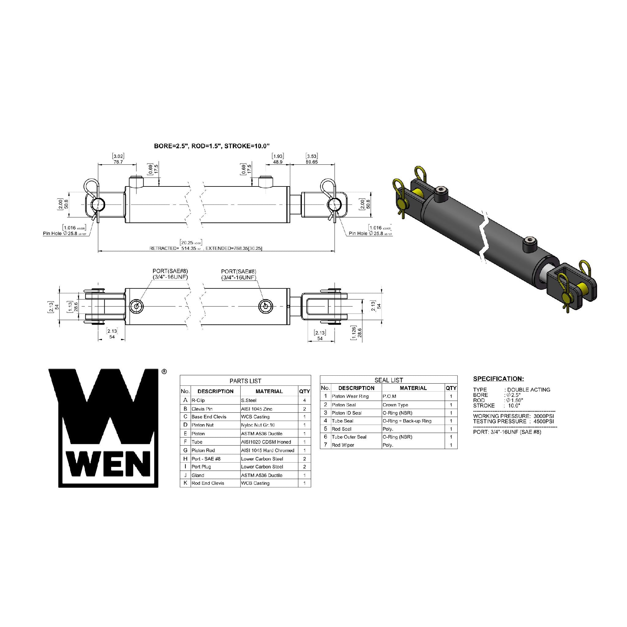 WEN CC2510 Clevis Hydraulic Cylinder - 2.5 Inch Bore, 10 Inch Stroke for Heavy-Duty Industrial and Agricultural Equipment