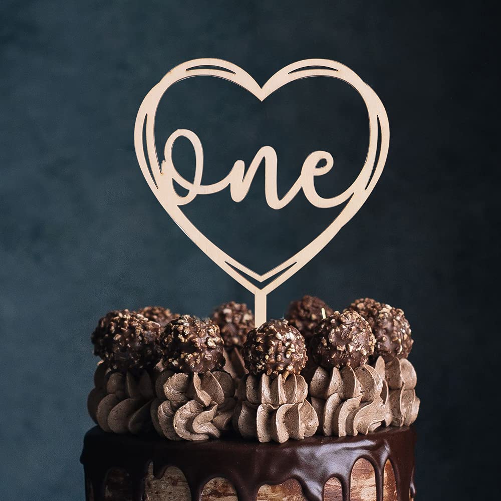 1st Birthday Cake Topper - Heart Shaped Wooden Smash Cake Decor for Baby's First Birthday Party, Photo Booth Props & Celebration Decorations - Perfect for 1 Year Old Birthday Cakes, Cupcakes and Dessert Tables