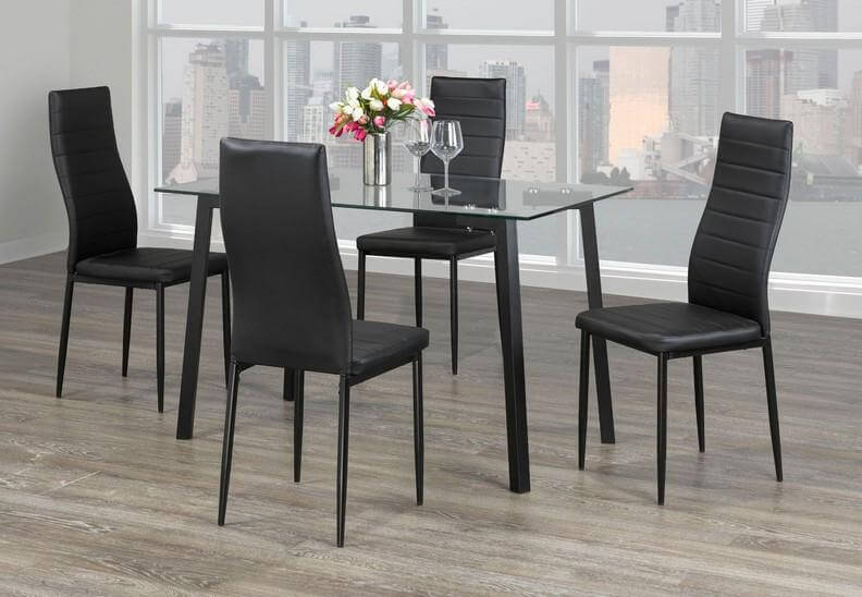 5-Piece 10mm Tempered Clear Glass Dining Table Set with Black Cushioned Chairs & Chrome Legs - Modern Kitchen & Dining Room Furniture for Small Spaces