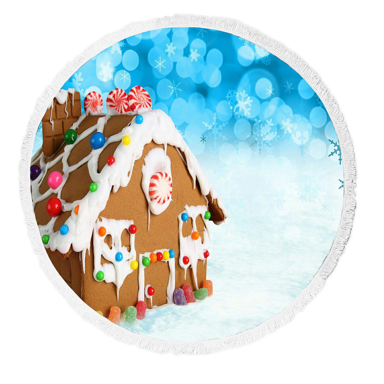 Festive Christmas Snow Gingerbread House Beach Towel - Soft Tassel Blanket for Yoga, Picnic & Beach Outings - Holiday Themed Throw for Cozy Winter Gatherings