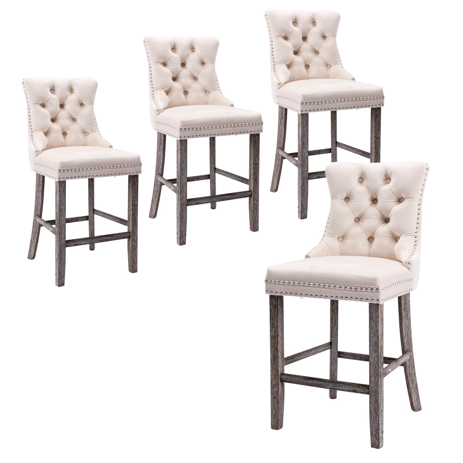 Kiztir 4-Piece Modern Velvet Counter Height Bar Stools Set with Button Decor & Solid Wood Legs - Upholstered Bar Chairs for Kitchen, Pub, Dining Room & Home Decor (Beige) - Perfect for Entertaining, Breakfast Nooks & Small Spaces