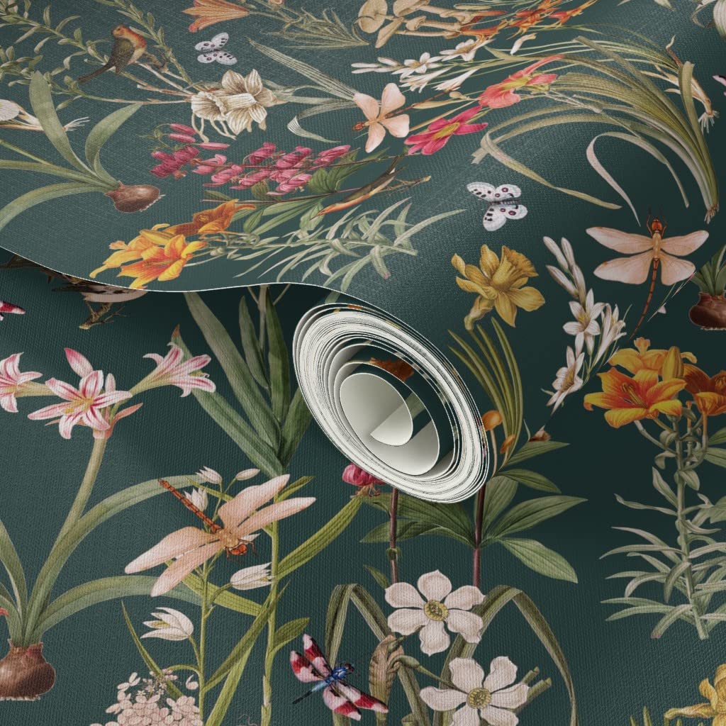 Peel & Stick Wallpaper 12ft x 2ft - Garden Dragonflies Spring Botanical Woodland Floral Custom Removable Wallpaper by Spoonflower | Perfect for Bedroom, Nursery, Living Room & Office Decor